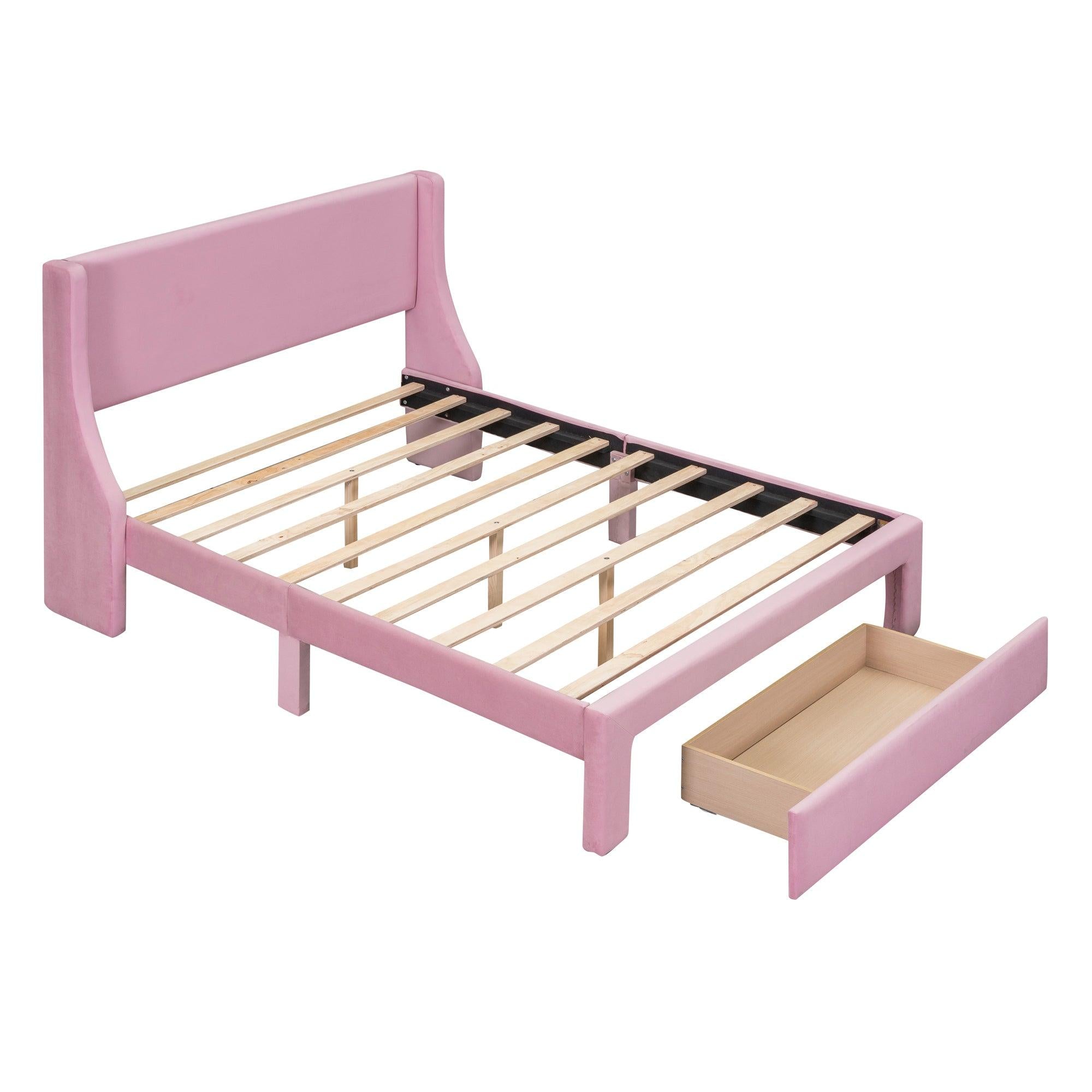 Full SizeStorage Bed Velvet Upholstered Platform Bed with a Big Drawer - Pink