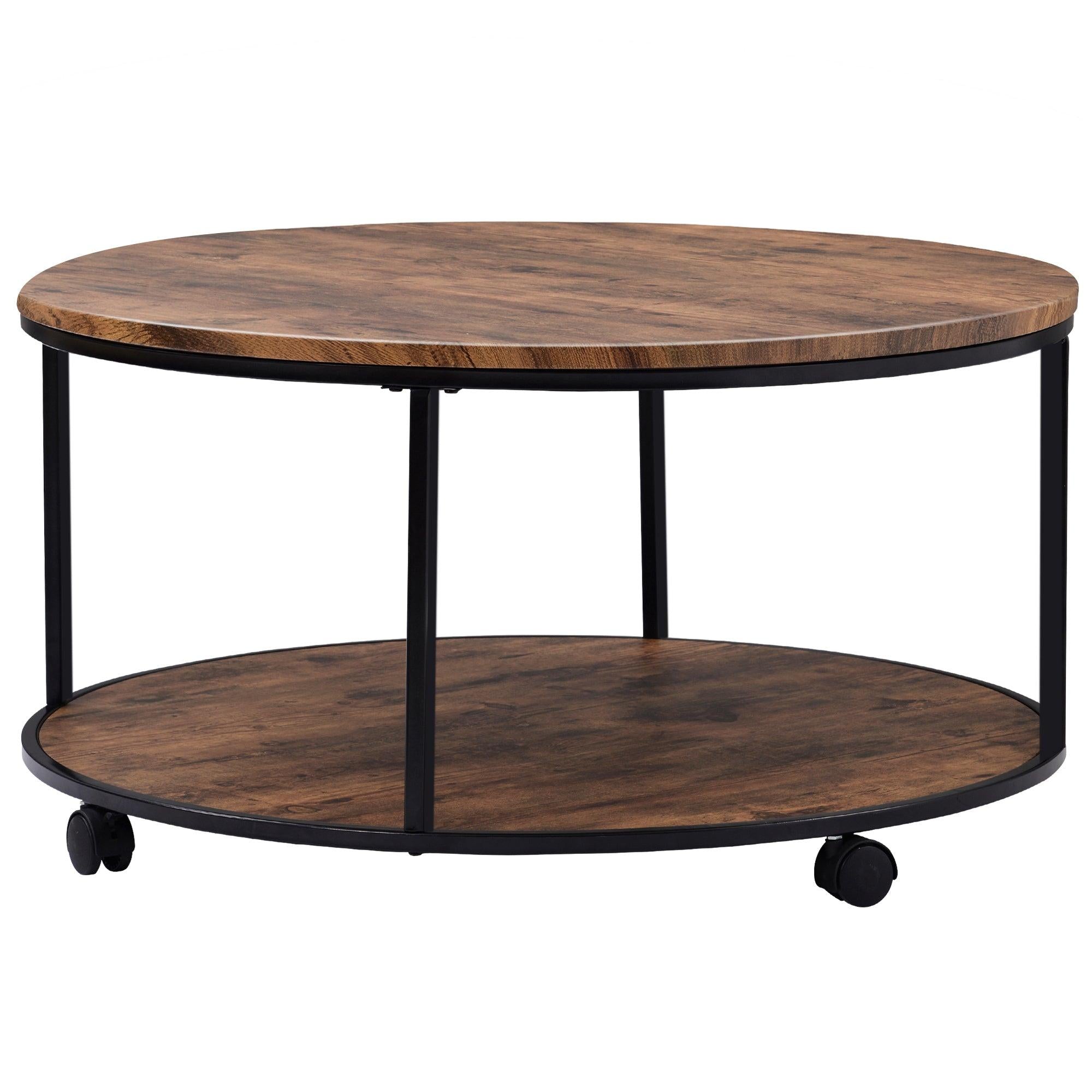 Round Coffee Table with Caster Wheels and Wood Textured Surface for Living Room, φ35.5”( Distressed Brown)