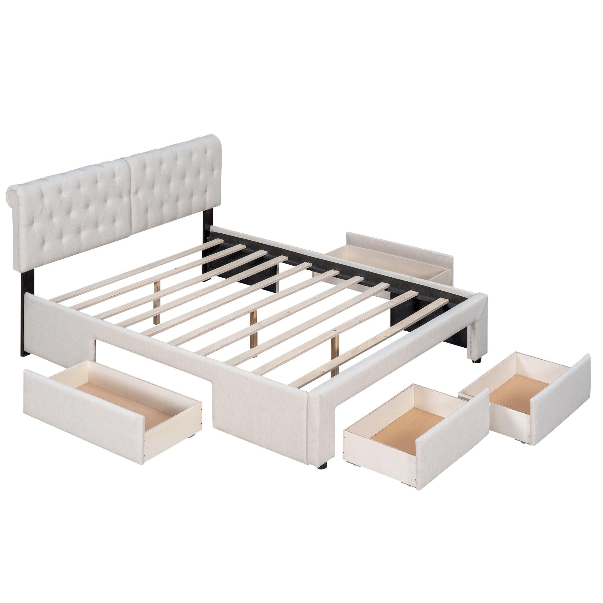 Queen Size Upholstery Platform Bed with Four Drawers,Beige