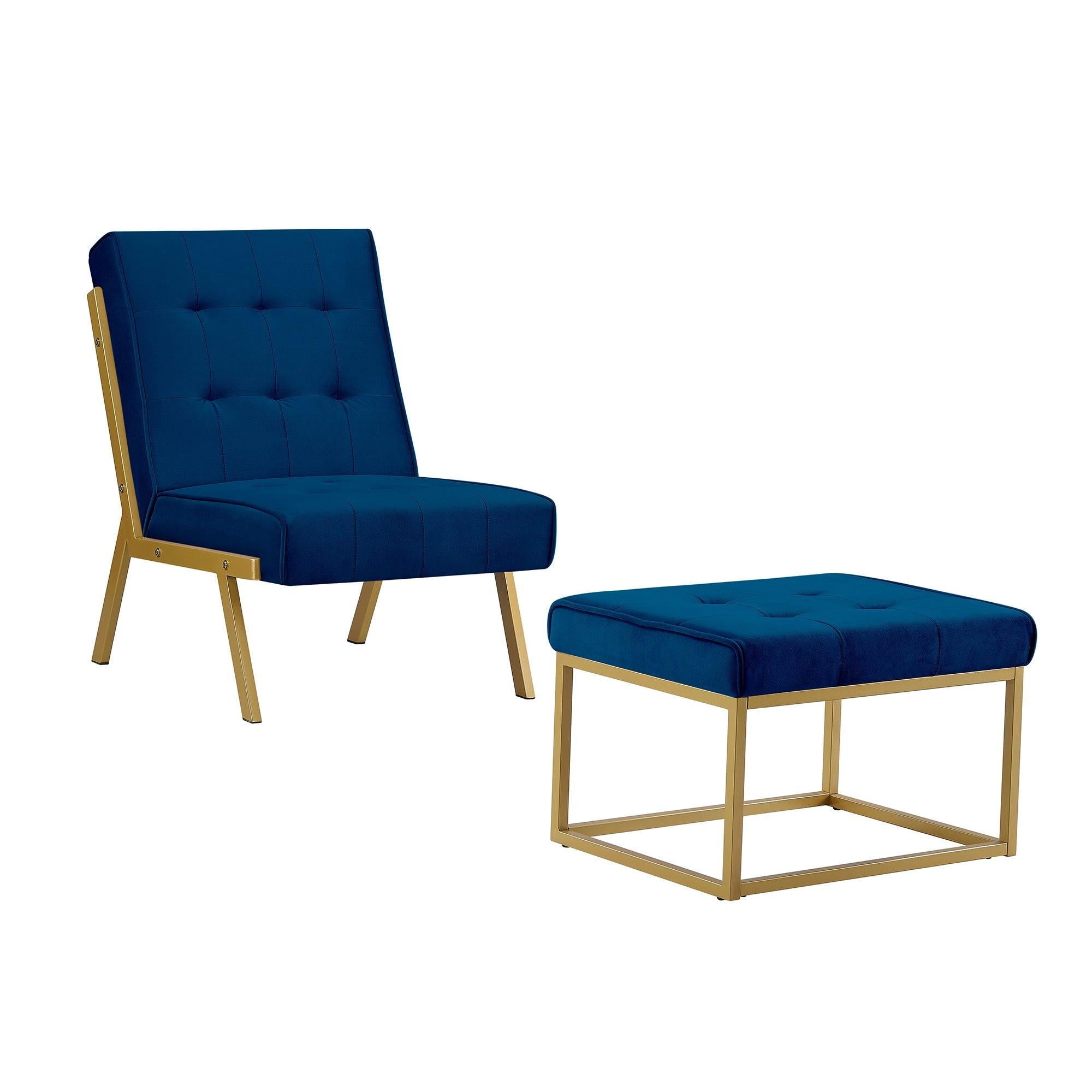 Gold Metal Frame Velvet Upholstery Chair with Ottoman(Navy Blue)