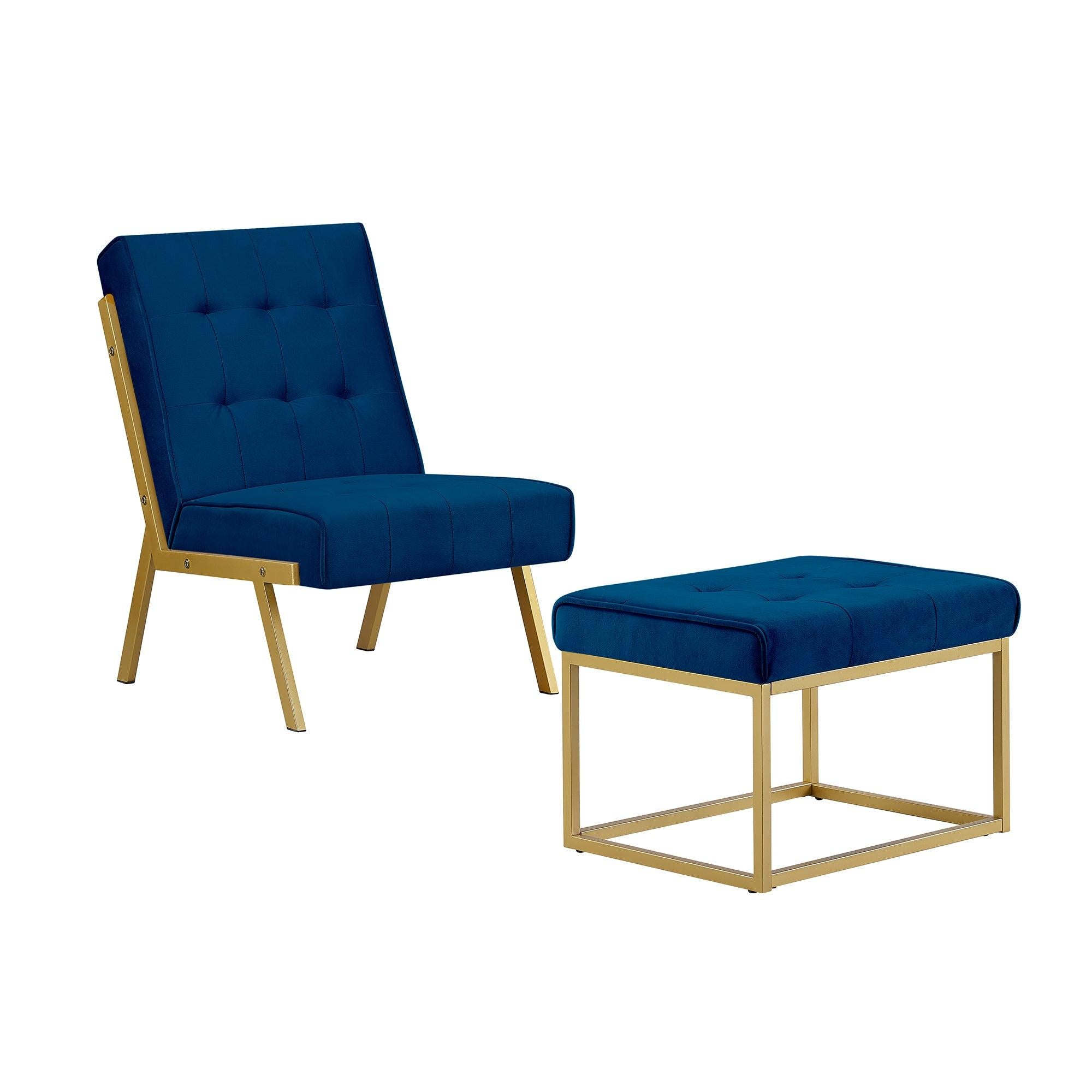 Gold Metal Frame Velvet Upholstery Chair with Ottoman(Navy Blue)