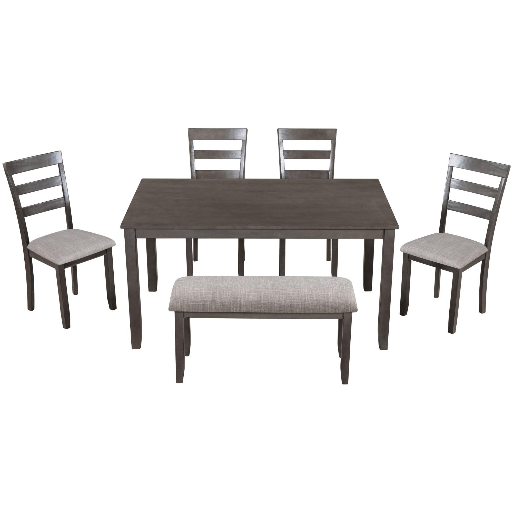 6-Piece Kitchen Simple Wooden Dining Table and Chair with Bench, Fabric Cushion (Gray)