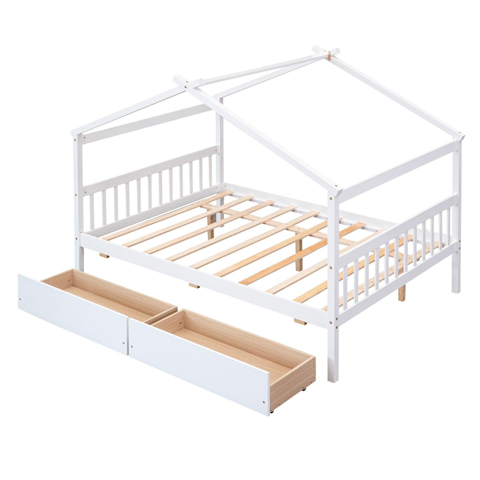 Full Size Wooden House Bed with Drawers, White