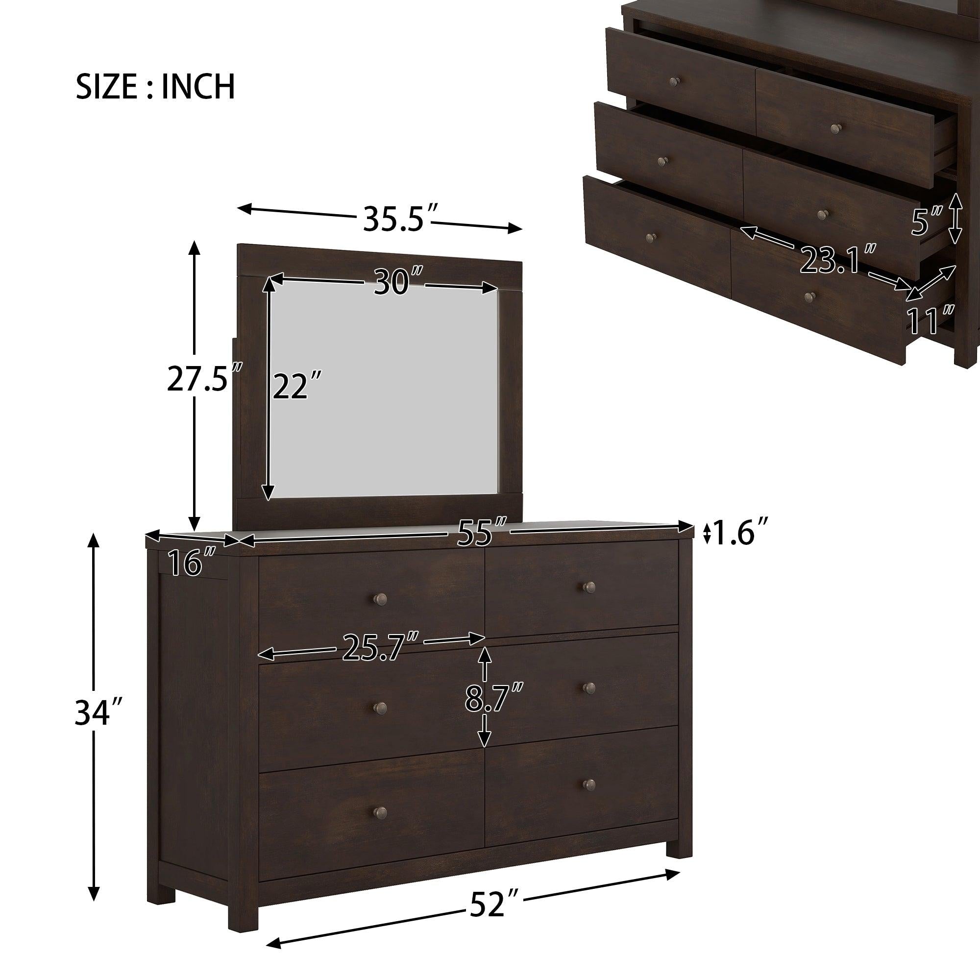 Vintage Aesthetic Solid Wood 6 Drawer Double Dressing Set in Rich Brown (Dresser + Mirror)