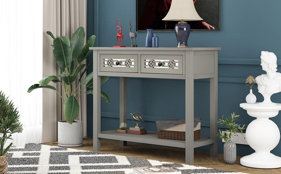 Classic Console Table with Hollow-out Decoration Two Top Drawers and Open Shelf LargeStorage Space (Silver)