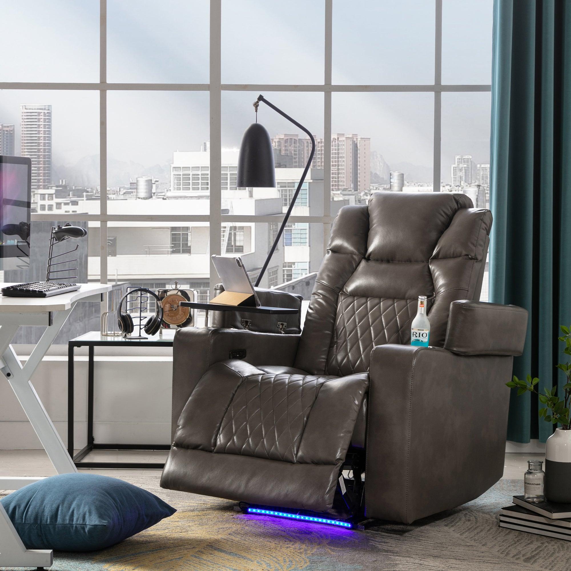 Power Motion Recliner with USB Charging Port and Hidden ArmStorage, Home Theater Seating with 2 Convenient Cup Holders Design and 360° Swivel Tray Table