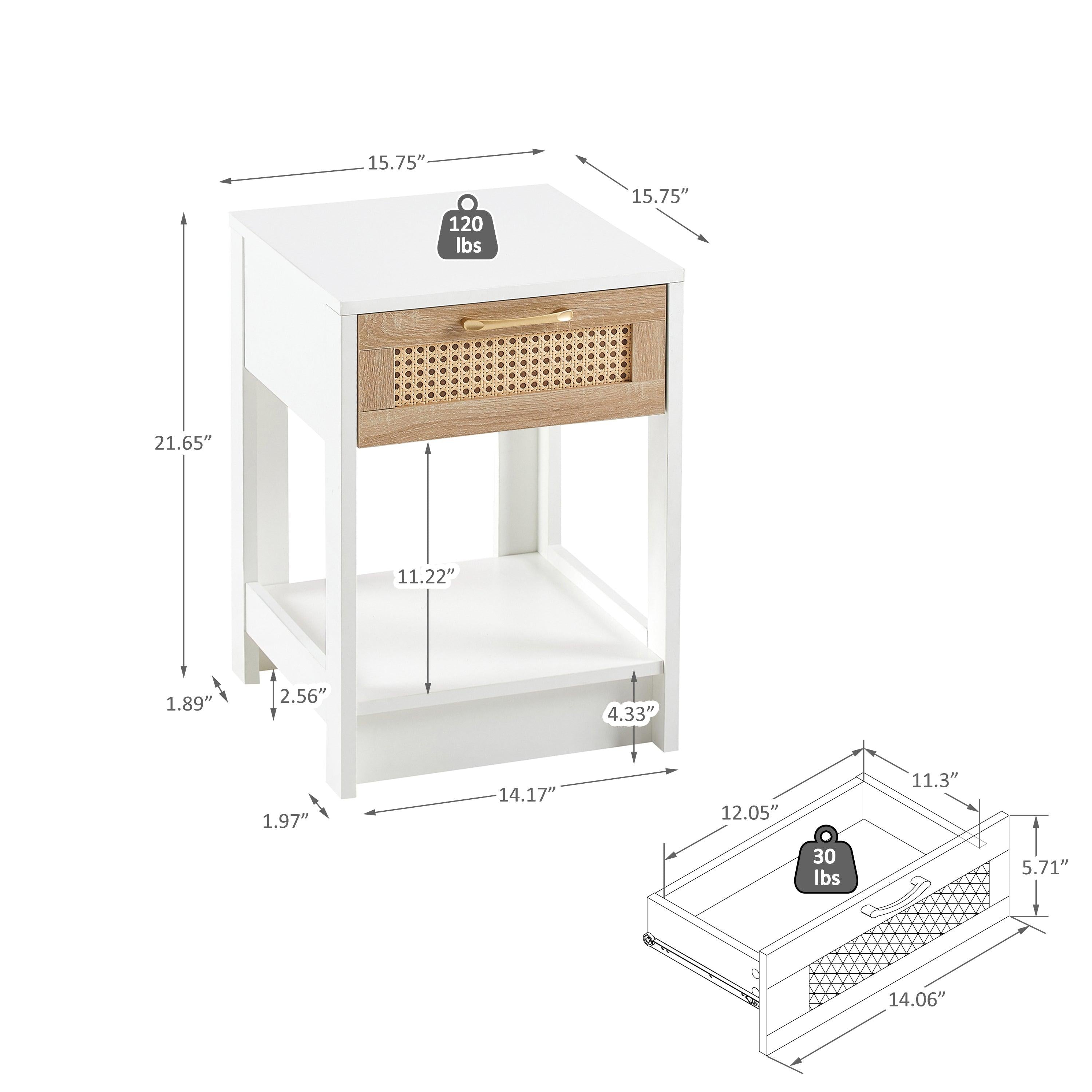 15.75" Rattan End table with  drawer,Modern nightstand, side table for living roon, bedroom,white