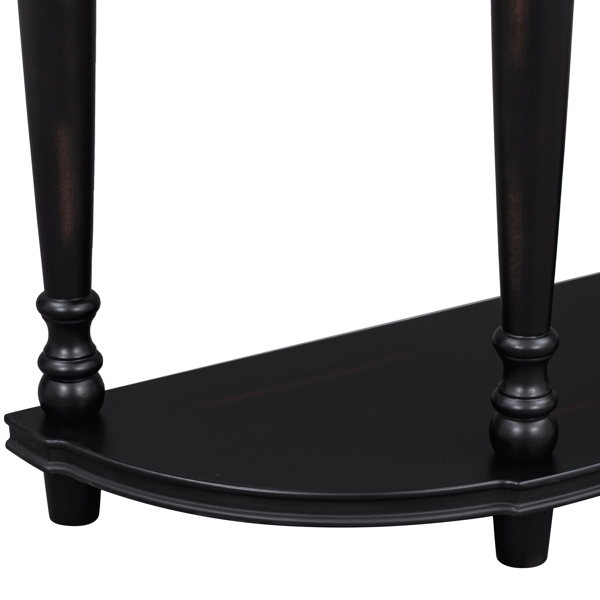 Retro Circular Curved Design Console Table with Open Style Shelf Solid Wooden Frame and Legs Two Top Drawers (Black)