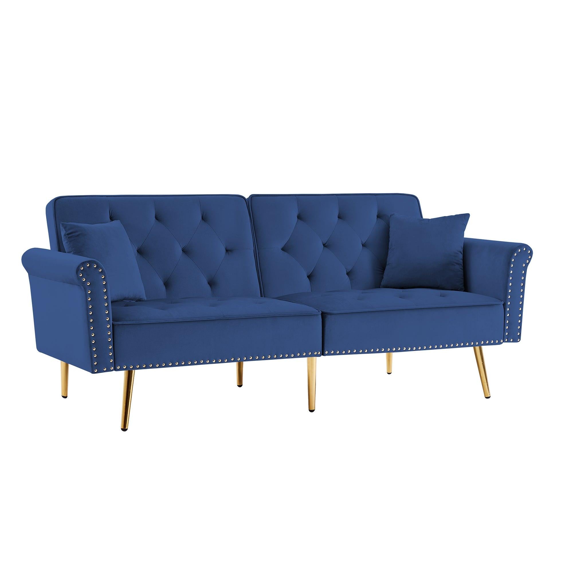 Modern Velvet Tufted Sofa Couch with 2 Pillows and Nailhead Trim, Loveseat Sofa Futon Sofa Bed with Metal Legs  for Living Room.