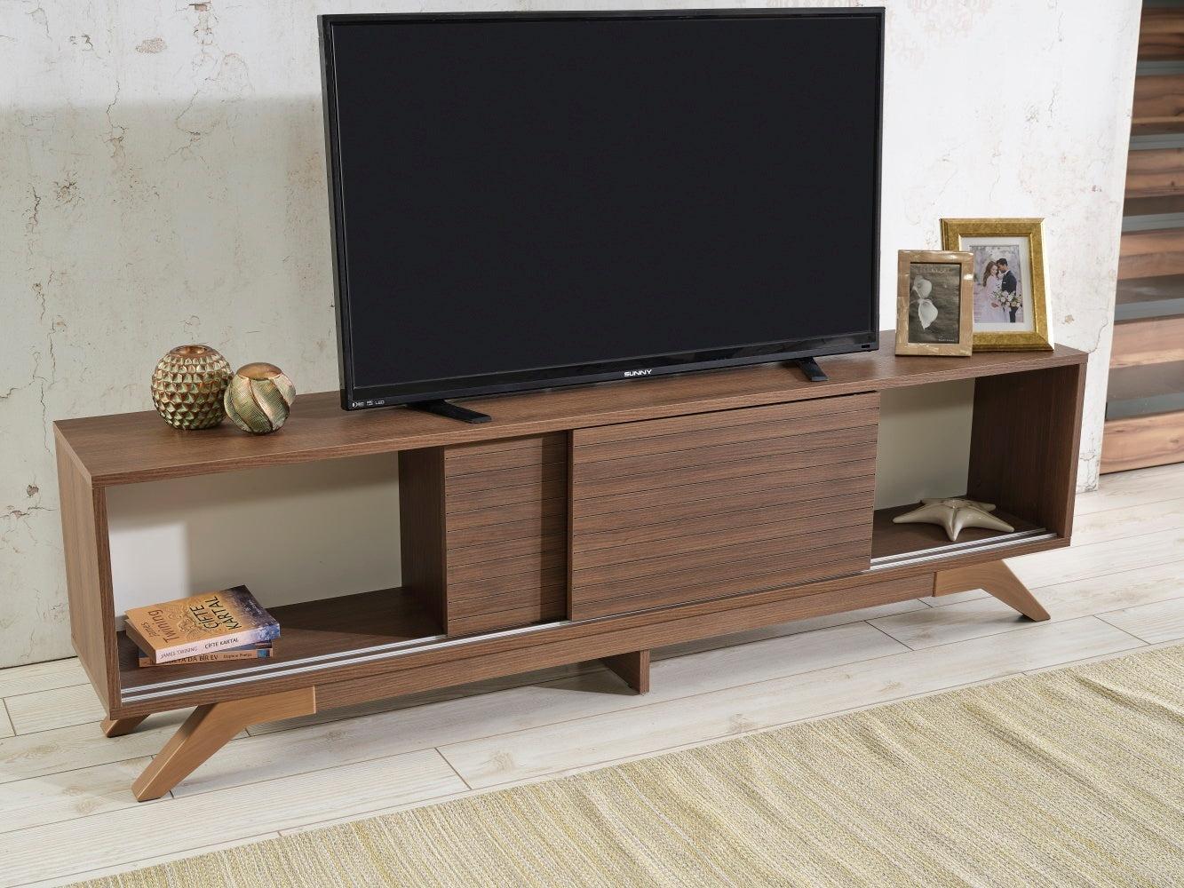 Luxia Mid CenturyModern Tv Stand 2 Sliding Door Cabinet 2 Shelves 67 inch Tv Unit, Walnut