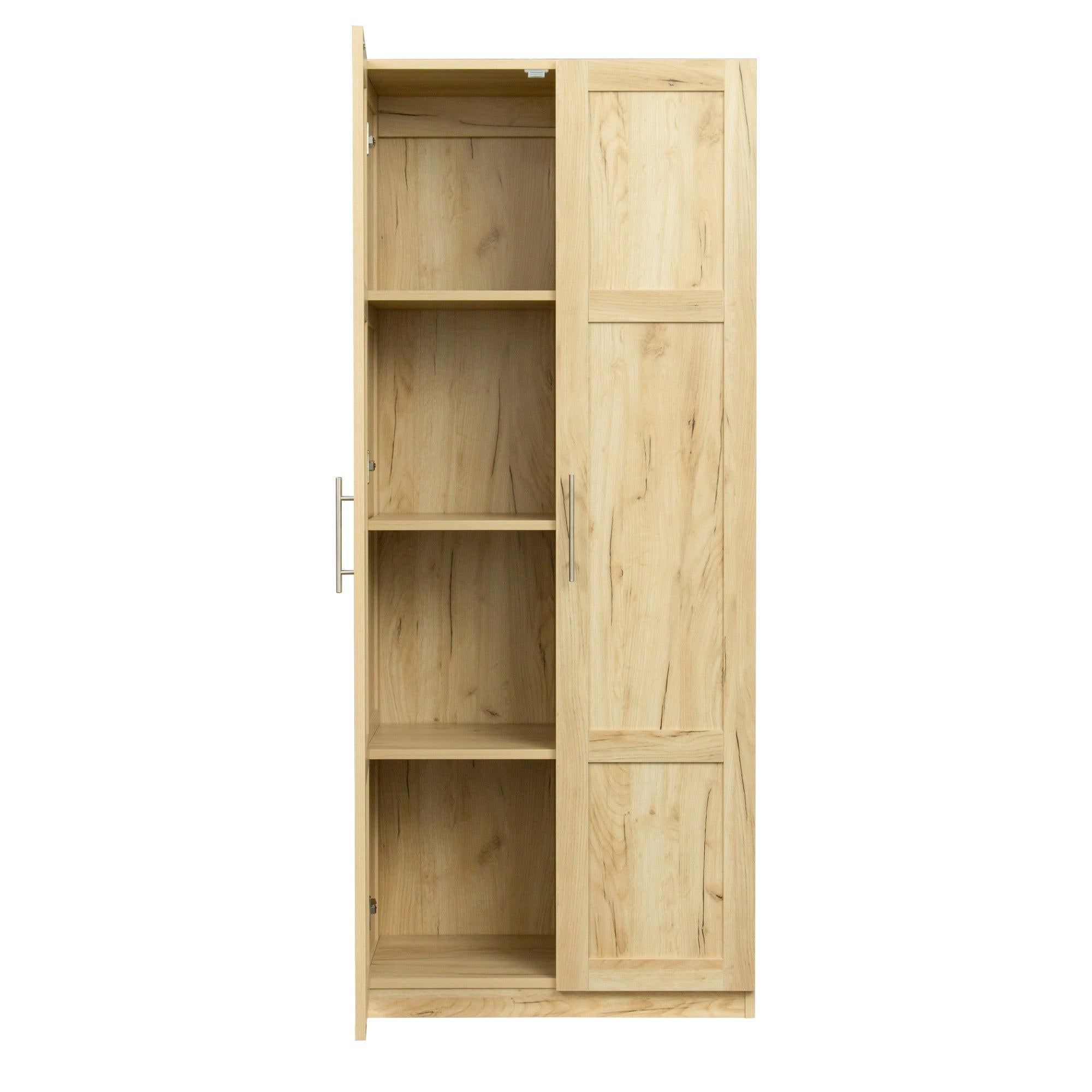 High wardrobe and kitchen cabinet with 2 doors and 3 partitions to separate 4Storage spaces, oak