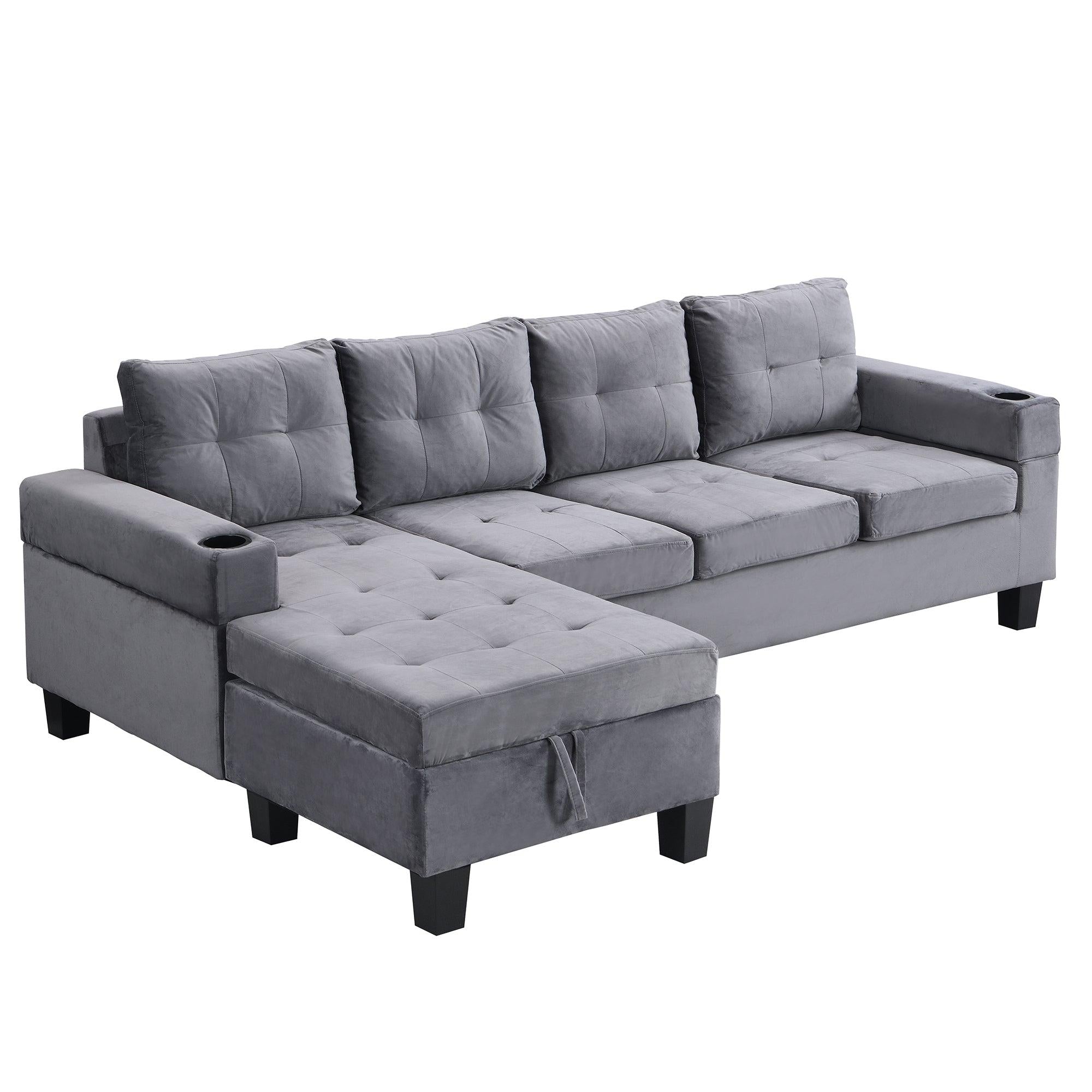 Sectional Sofa Set for Living Room with L Shape  Chaise Lounge ,cup holder and  Left  Hand withStorage Chaise Modern 4 Seat (Grey) 
--LEFT CHAISE WITHStorage