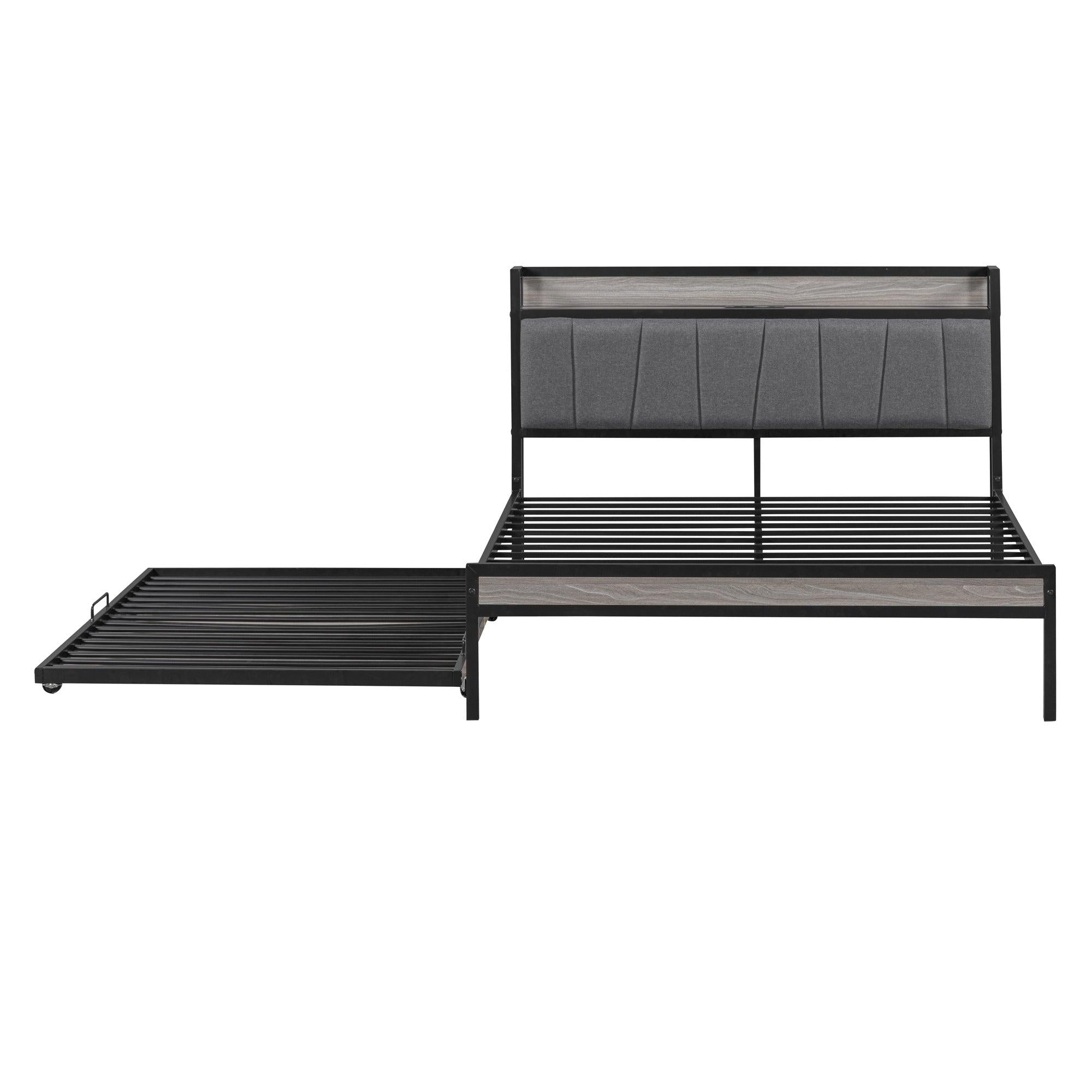 Full Size Metal Platform Bed Frame with Twin size trundle, Upholstered headboard ，Sockets, USB Ports and Slat Support ,No Box Spring Needed，Black