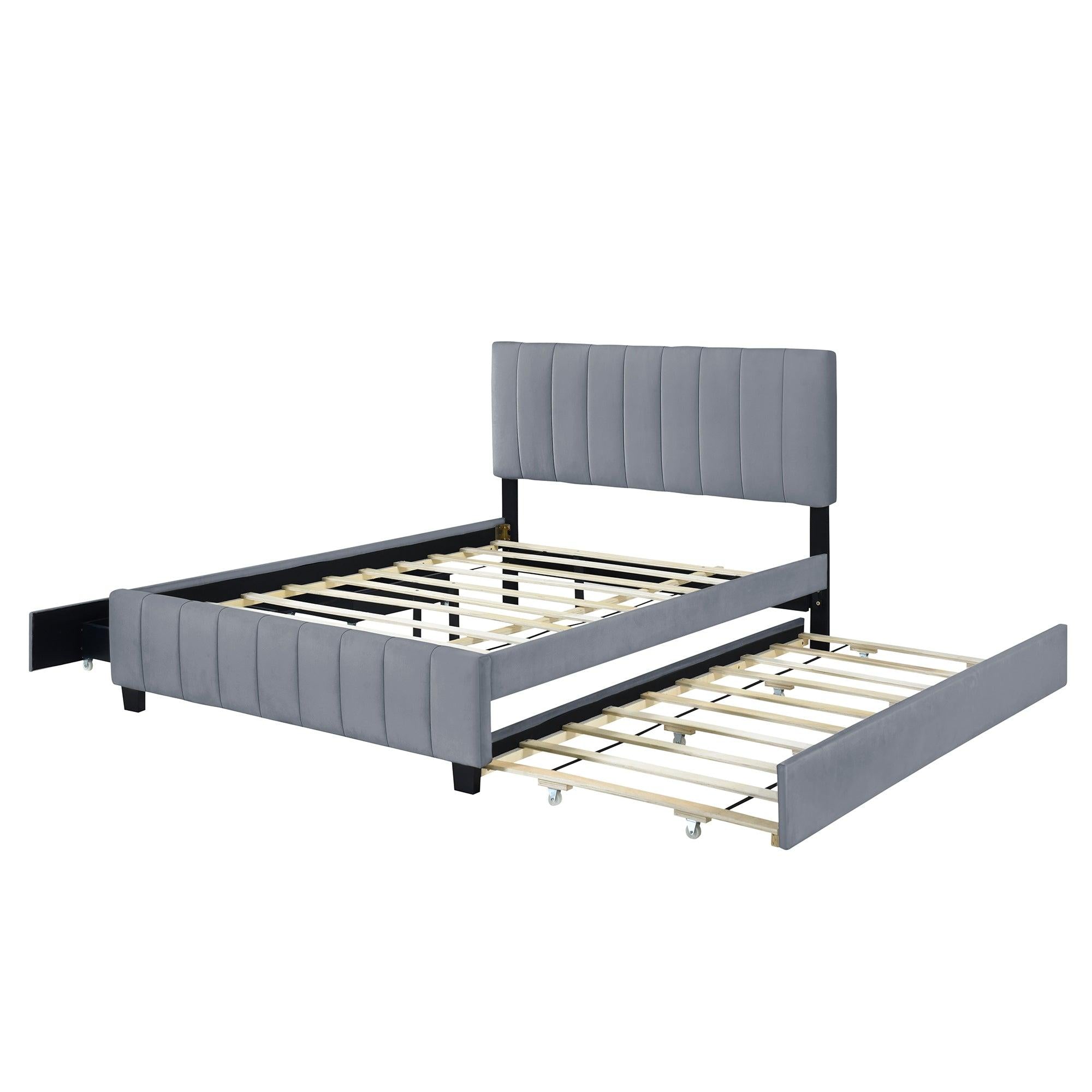 Queen Size Velvet Upholstered Platform Bed with 2 Drawers and 1 Twin XL Trundle- Gray