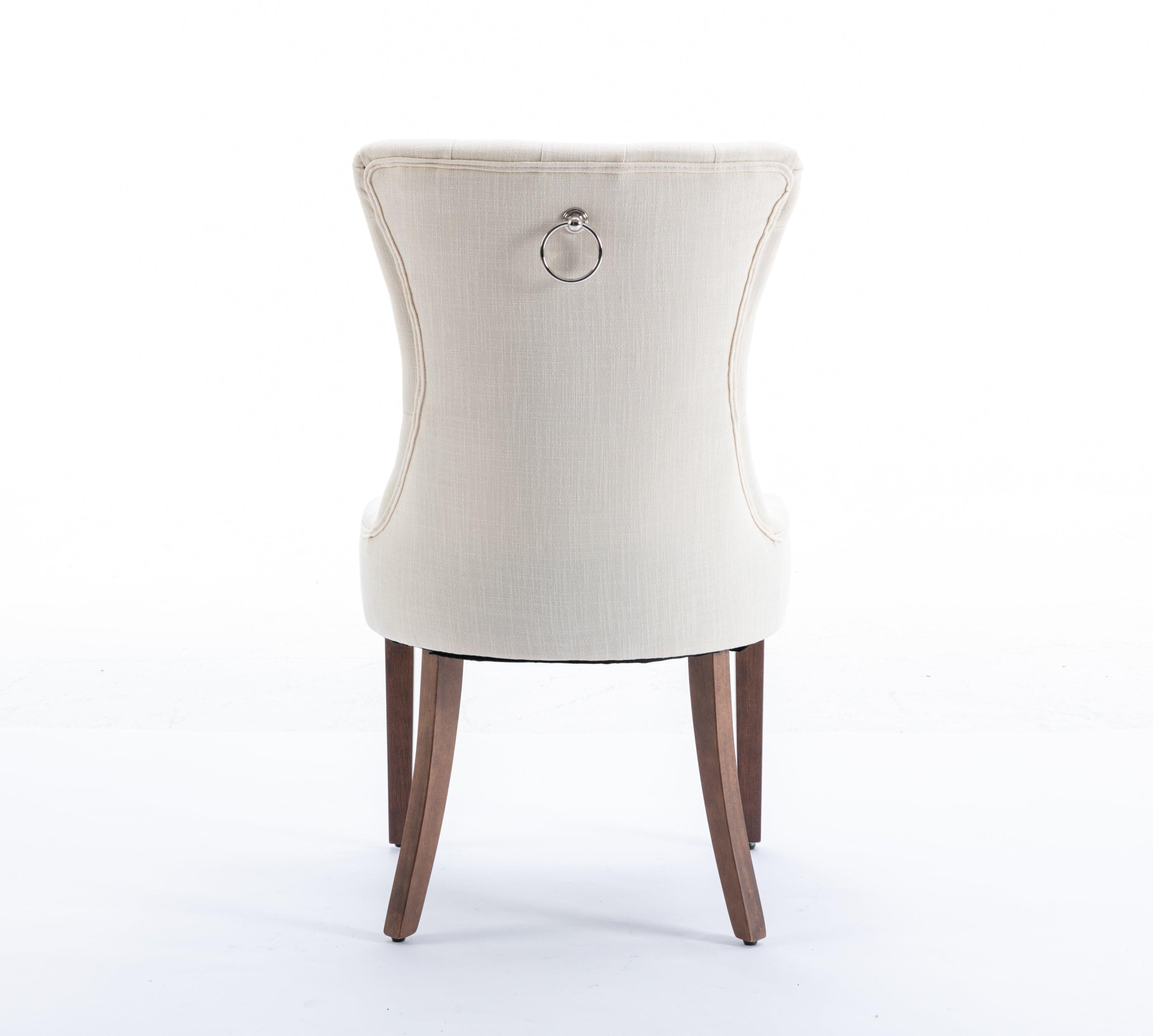 Classic Button Tufted Beige Linen Fabric Upholstered Dining Chair with Solid Wood Legs 2 PCS