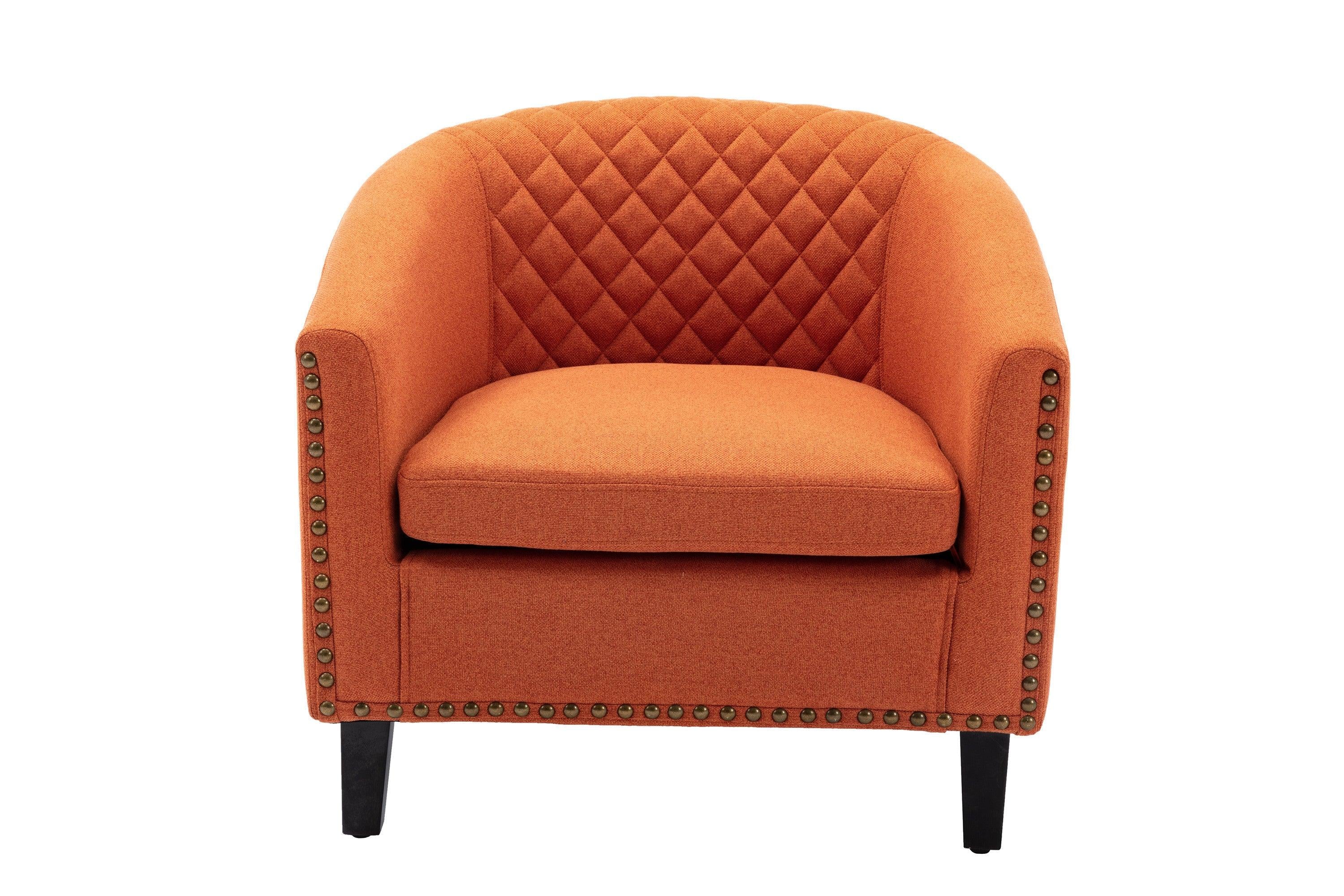 accent Barrel chair living room chair with nailheads and solid wood legs  Orange  linen