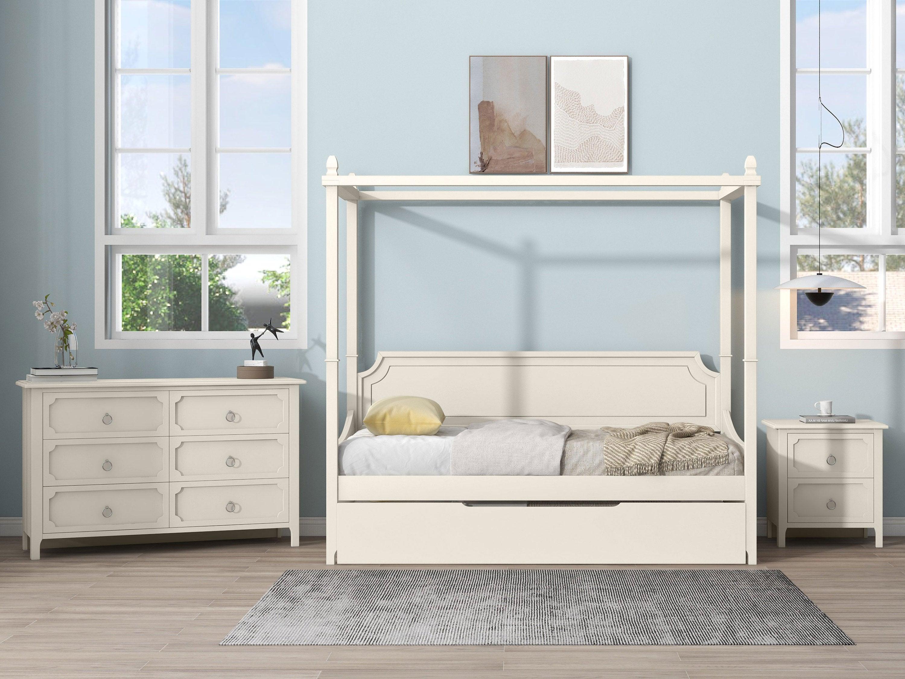 3 Pieces Bedroom Sets Milky White Solid Rubber Wood Twin Size Canopy Daybed with Trundle with Nightstand and Dresser