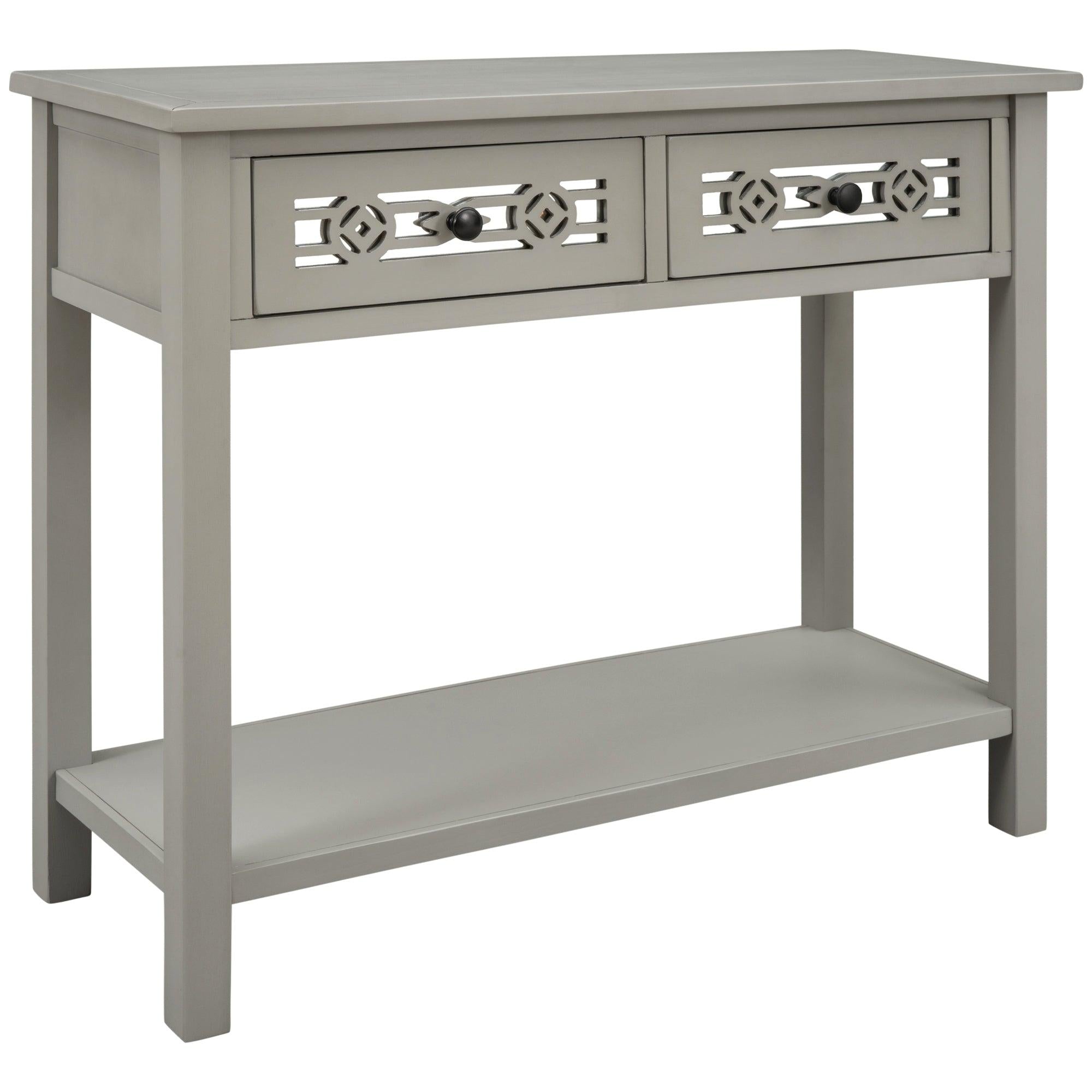 Classic Console Table with Hollow-out Decoration Two Top Drawers and Open Shelf LargeStorage Space (Silver)