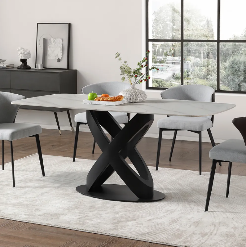 Modern Dining Table, Sintered Stone Tabletop Dining Room Table for 6-7, Solid Black Carbon Steel Base, 63"