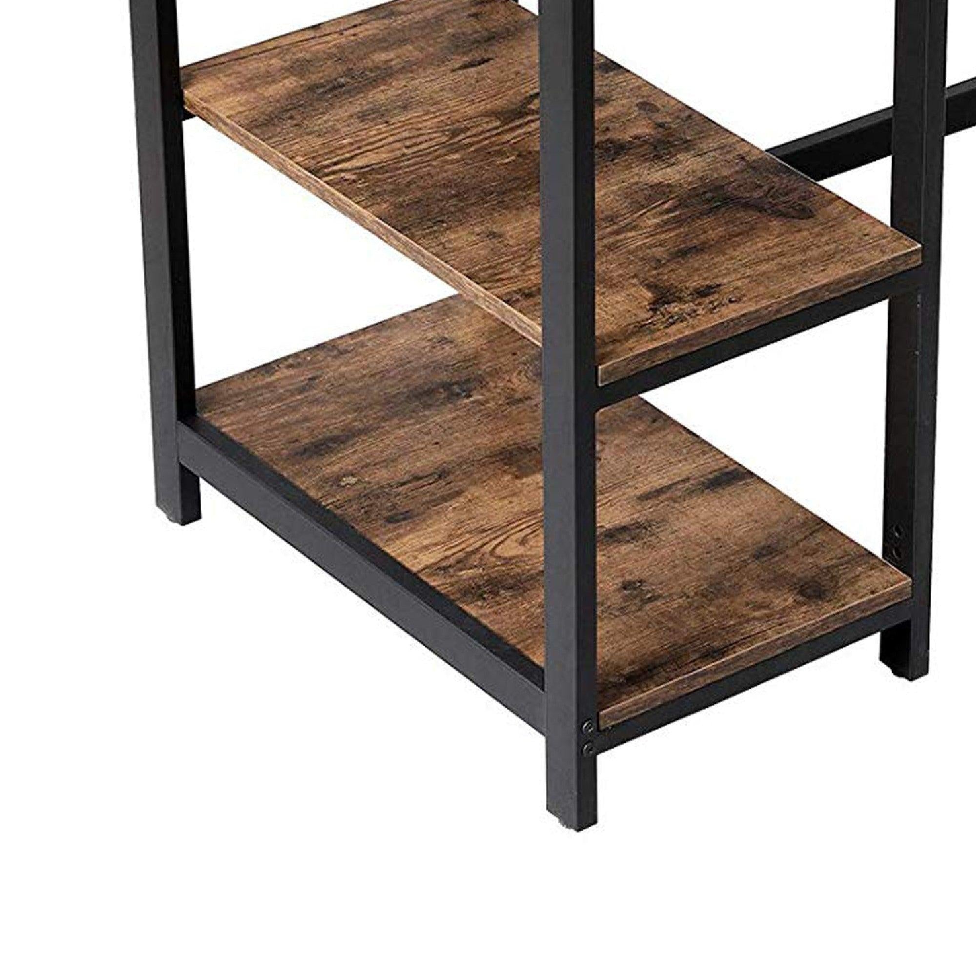 Industrial 55 Inch Wood and Metal Desk with 2 Shelves, Black and Brown