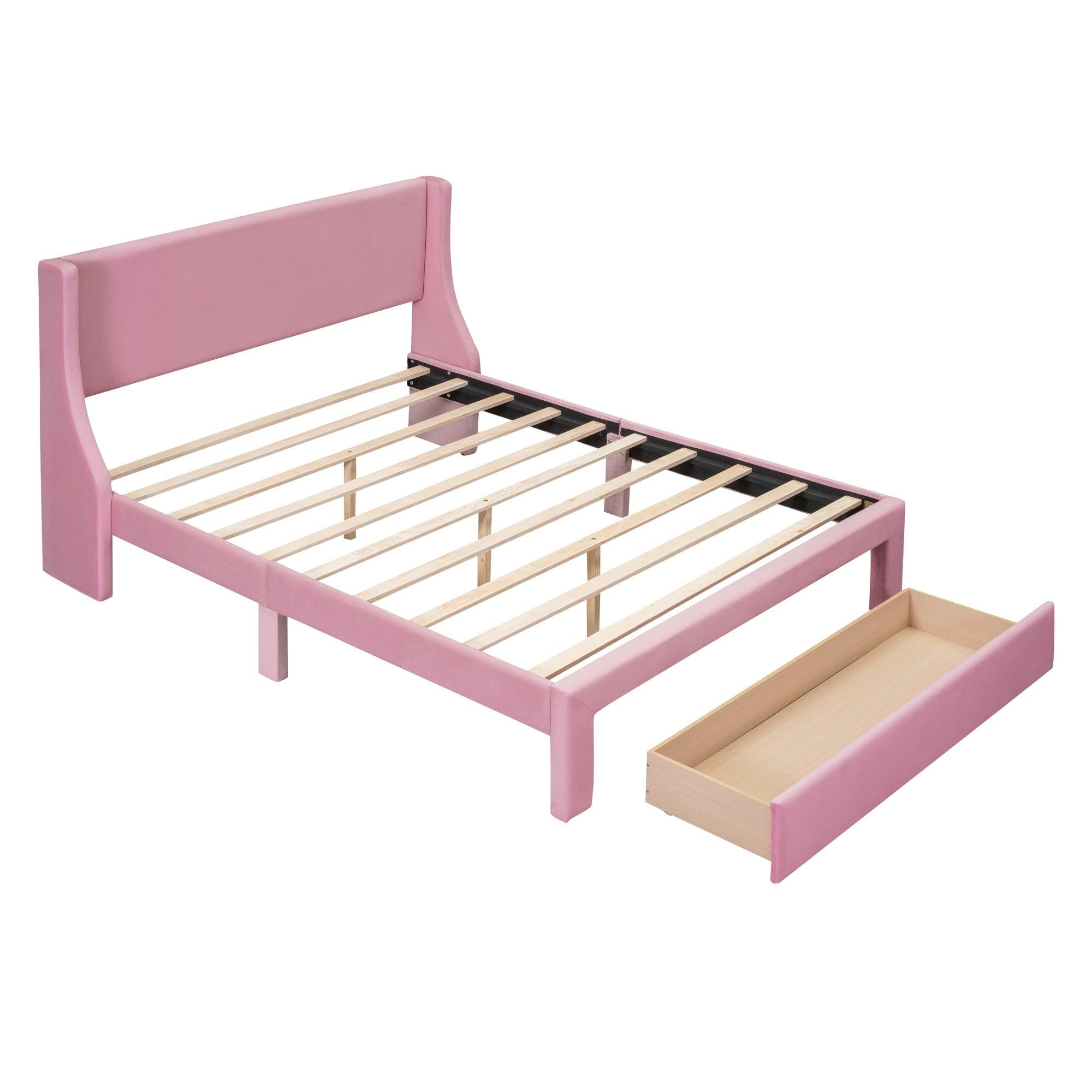 Queen SizeStorage Bed Velvet Upholstered Platform Bed with a Big Drawer - Pink