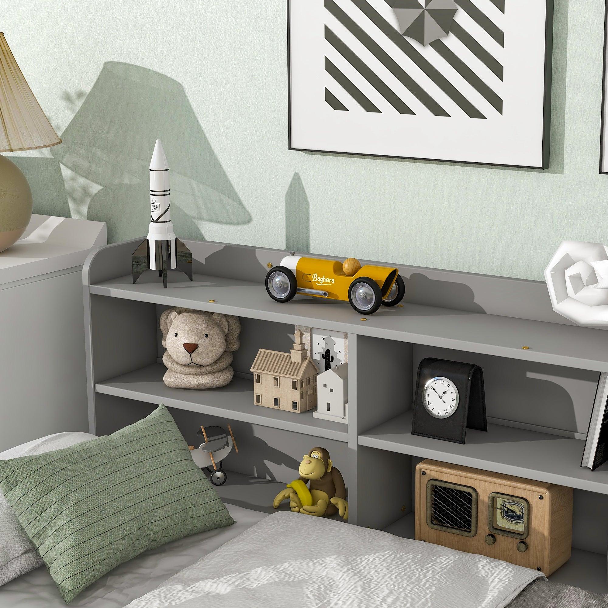 Full Bed with Side Bookcase, Drawers,Gray