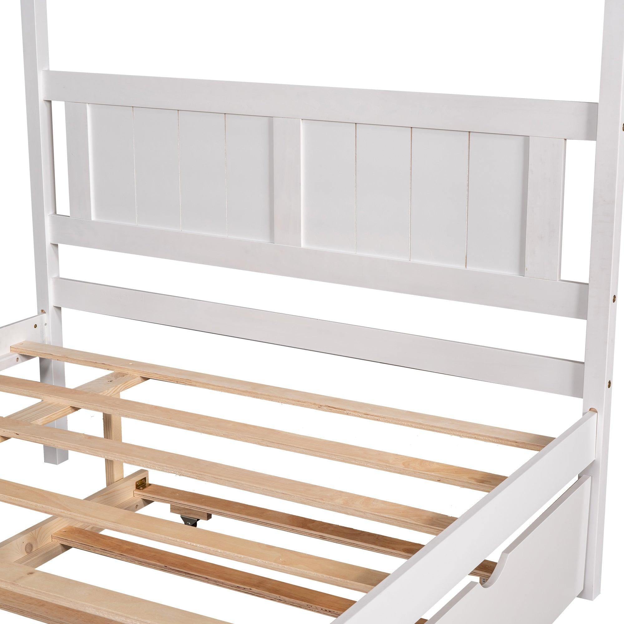 Full Size Canopy Platform Bed with Trundle,With Slat Support Leg,White