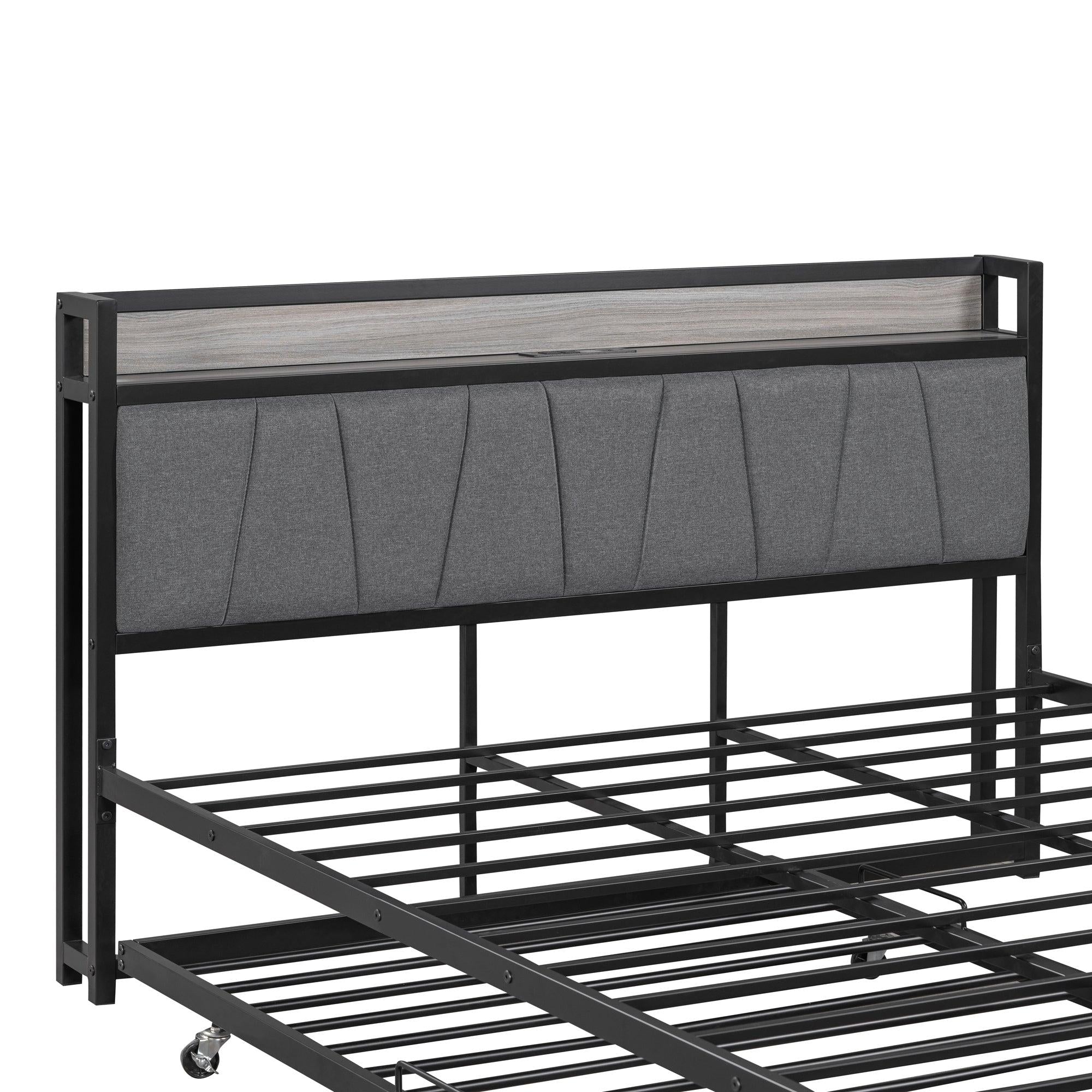 Queen Size Metal Platform Bed Frame with Twin size trundle, Upholstered headboard ，Sockets, USB Ports and Slat Support ,No Box Spring Needed，Black