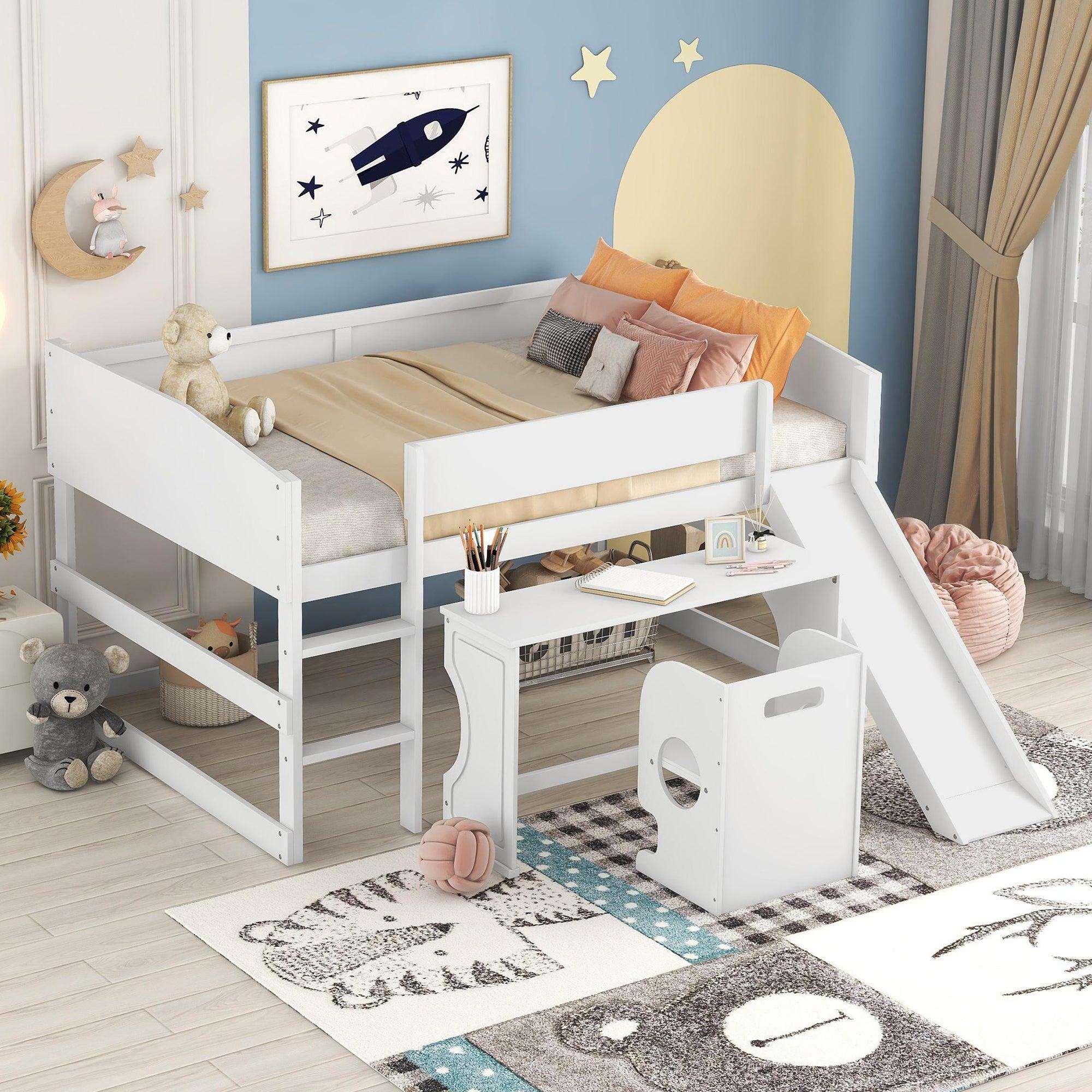 Low Study Full Loft Bed with Rolling Portable Desk and Chair,Multiple Functions Bed- White