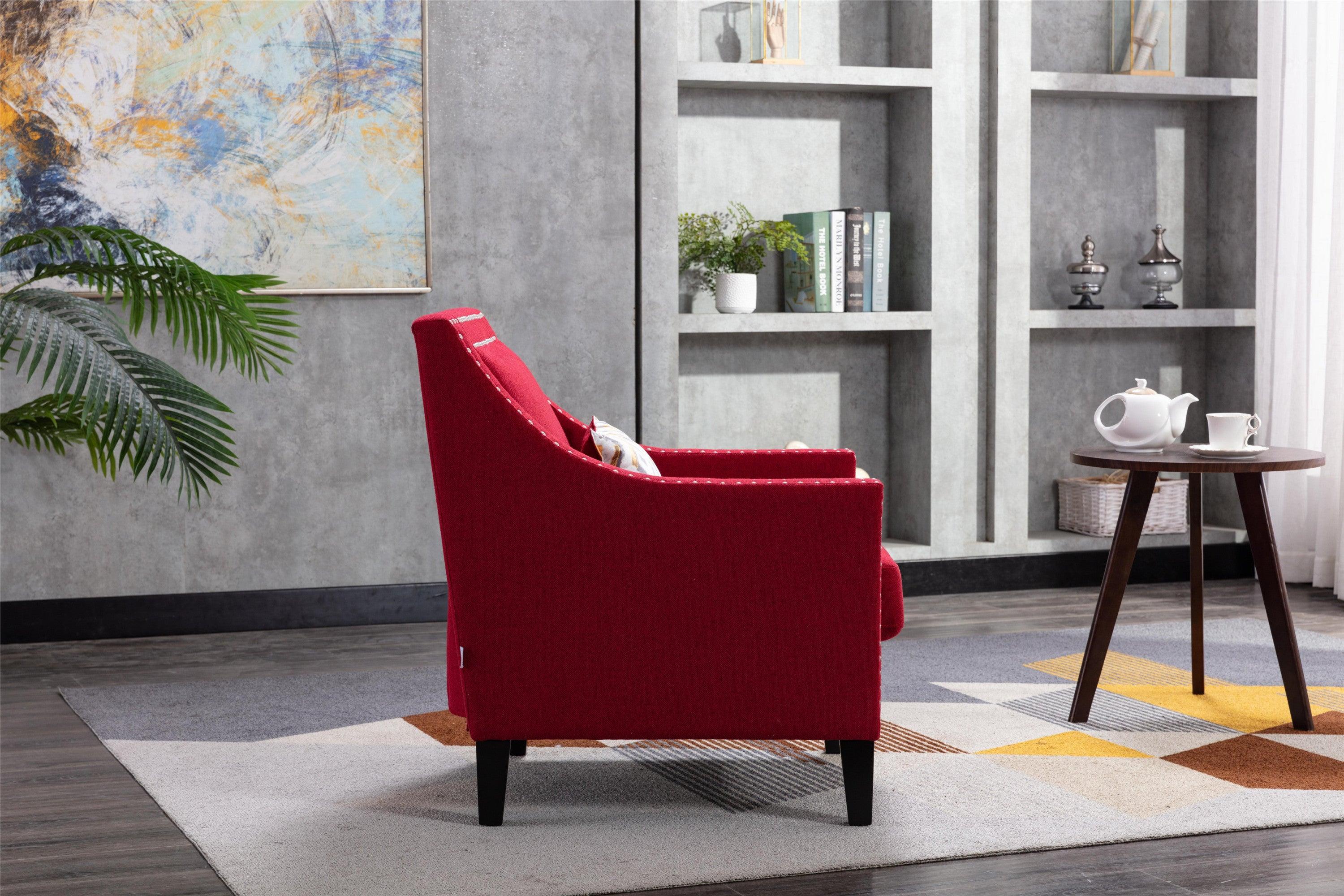 accent armchair living room chair  with nailheads and solid wood legs  Red Linen