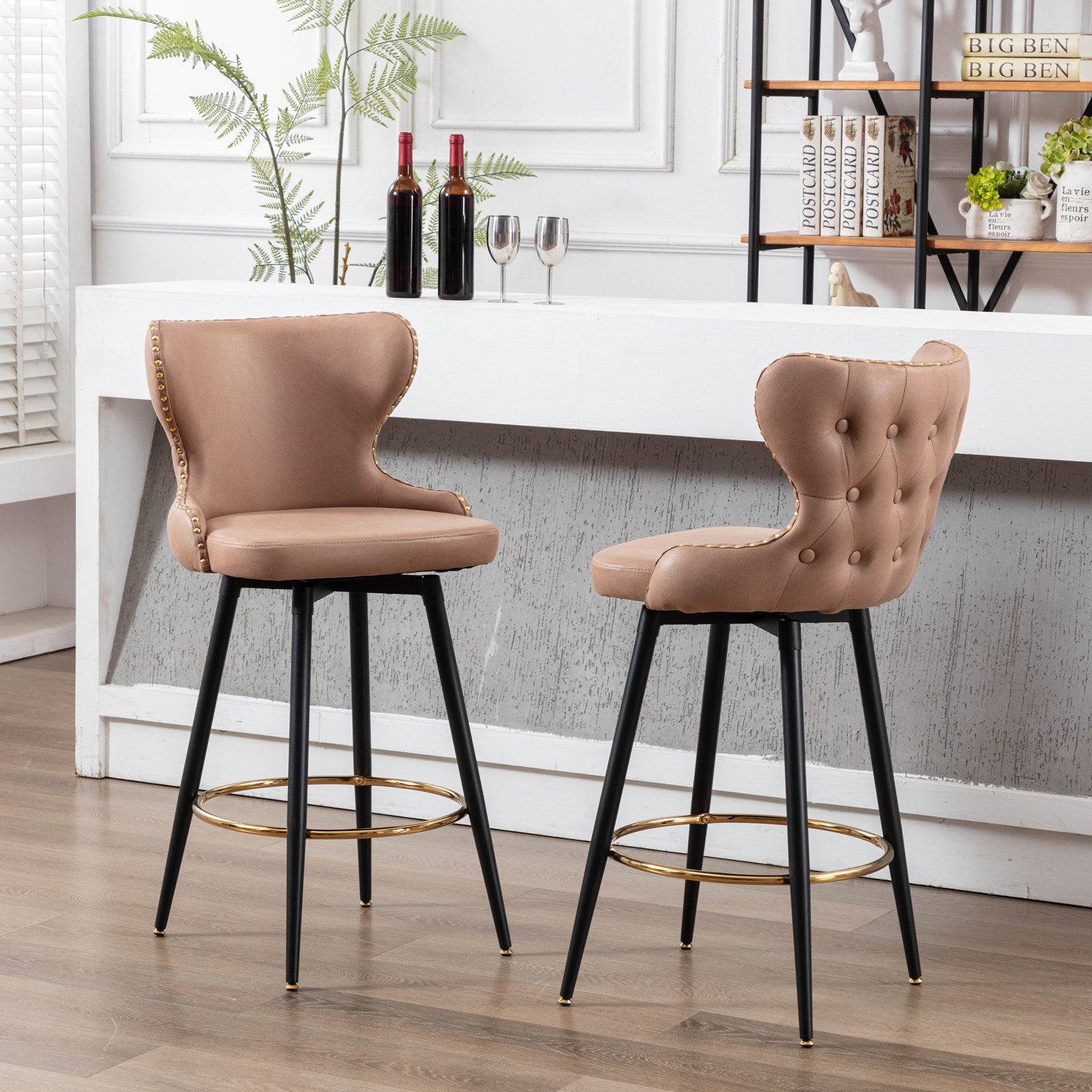 29"Modern Leathaire Fabric bar chairs,180° Swivel Bar Stool Chair for Kitchen,Tufted Gold Nailhead Trim Gold Decoration Bar Stools with Metal Legs,Set of 2 (Khaki)