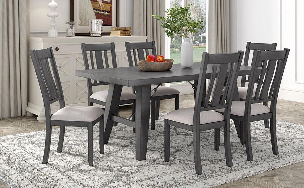 7-Piece Dining Room Set - 72" Industrial Style Rectangular Table with Chain Bracket and 6 Dining Chairs (Gray)