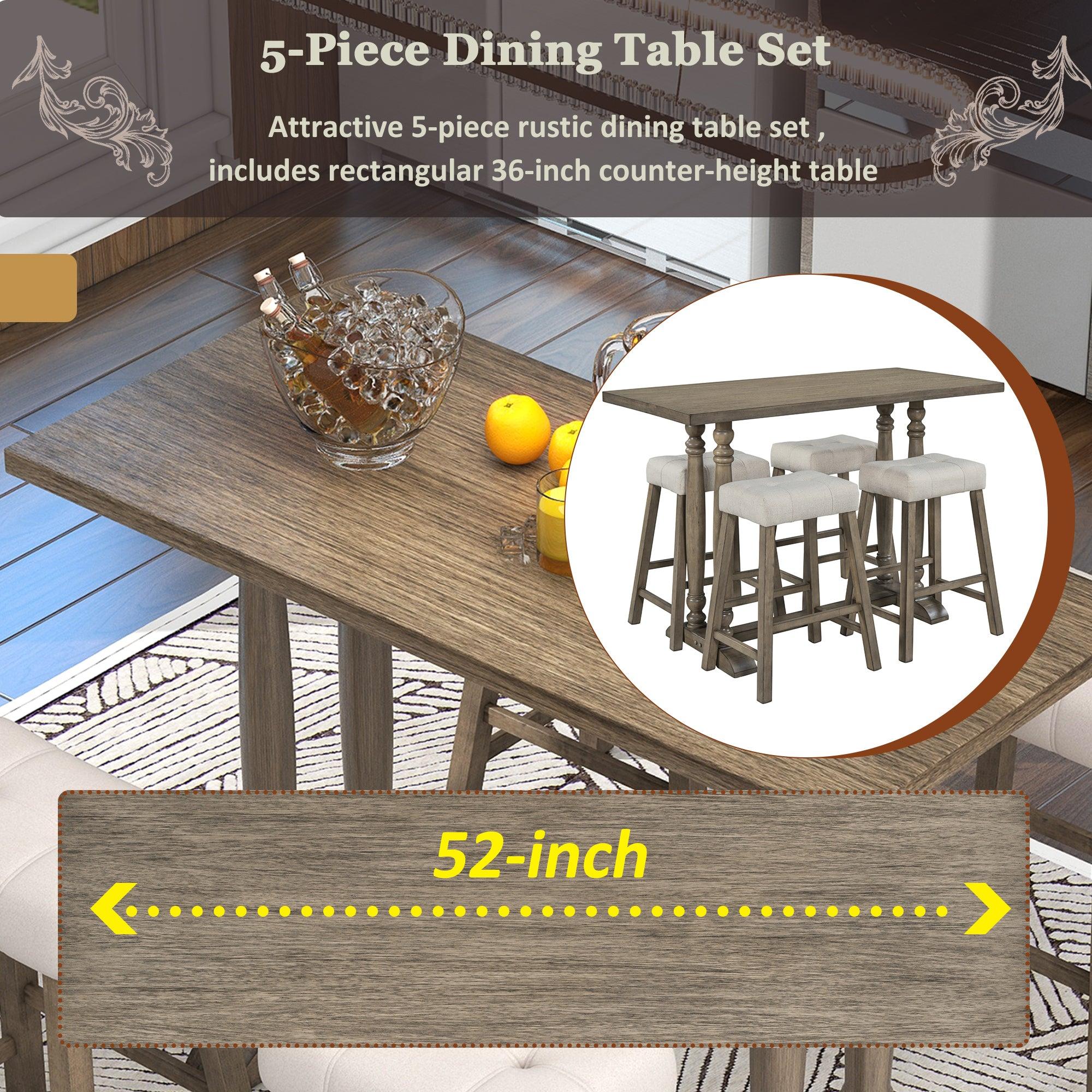 5-Piece Dining Table Set, Counter Height Dining Furniture with a Rustic Table and 4 Upholstered Stools for Kitchen, Dining Room (Light Brown)