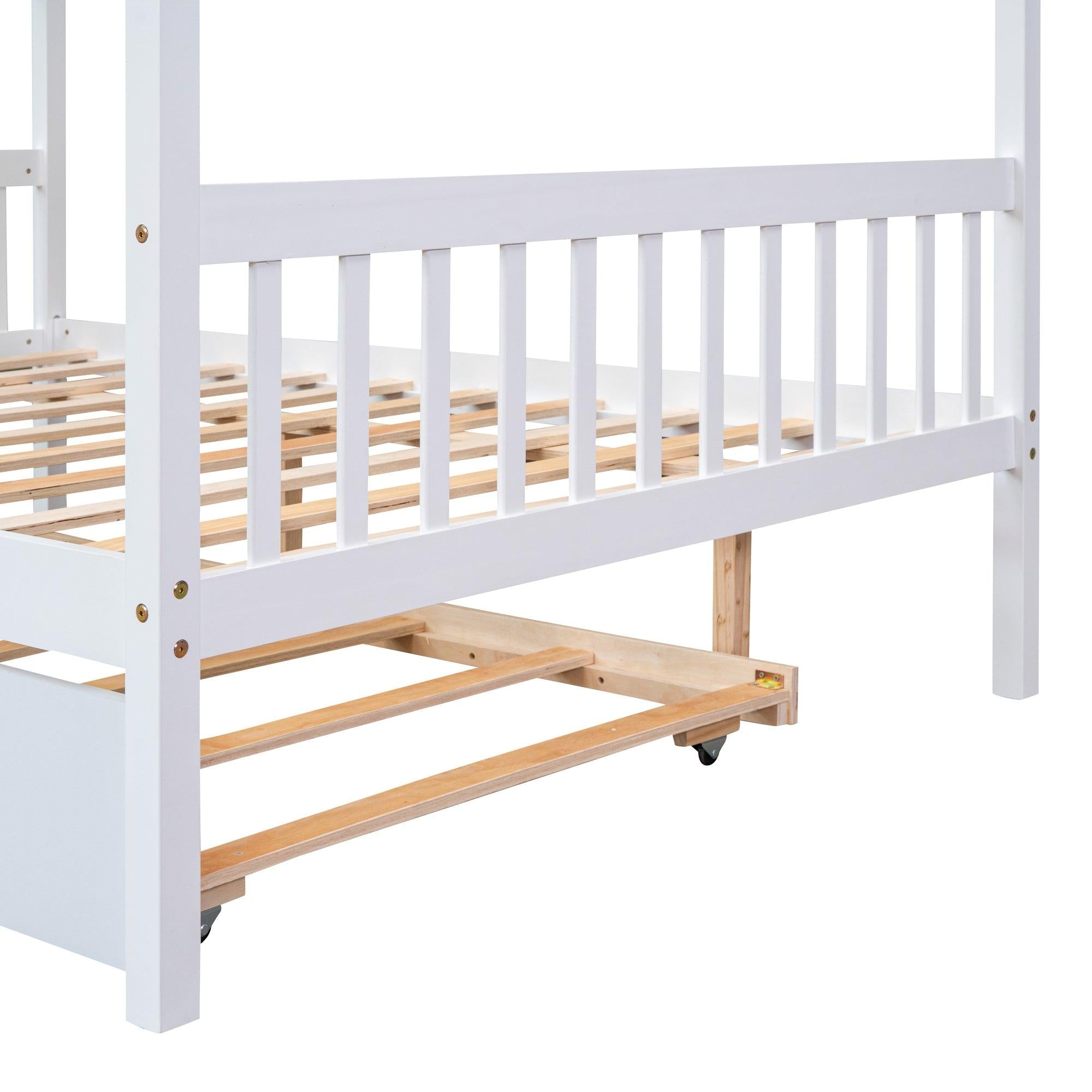 Full Size Wooden House Bed with Twin Size Trundle, White