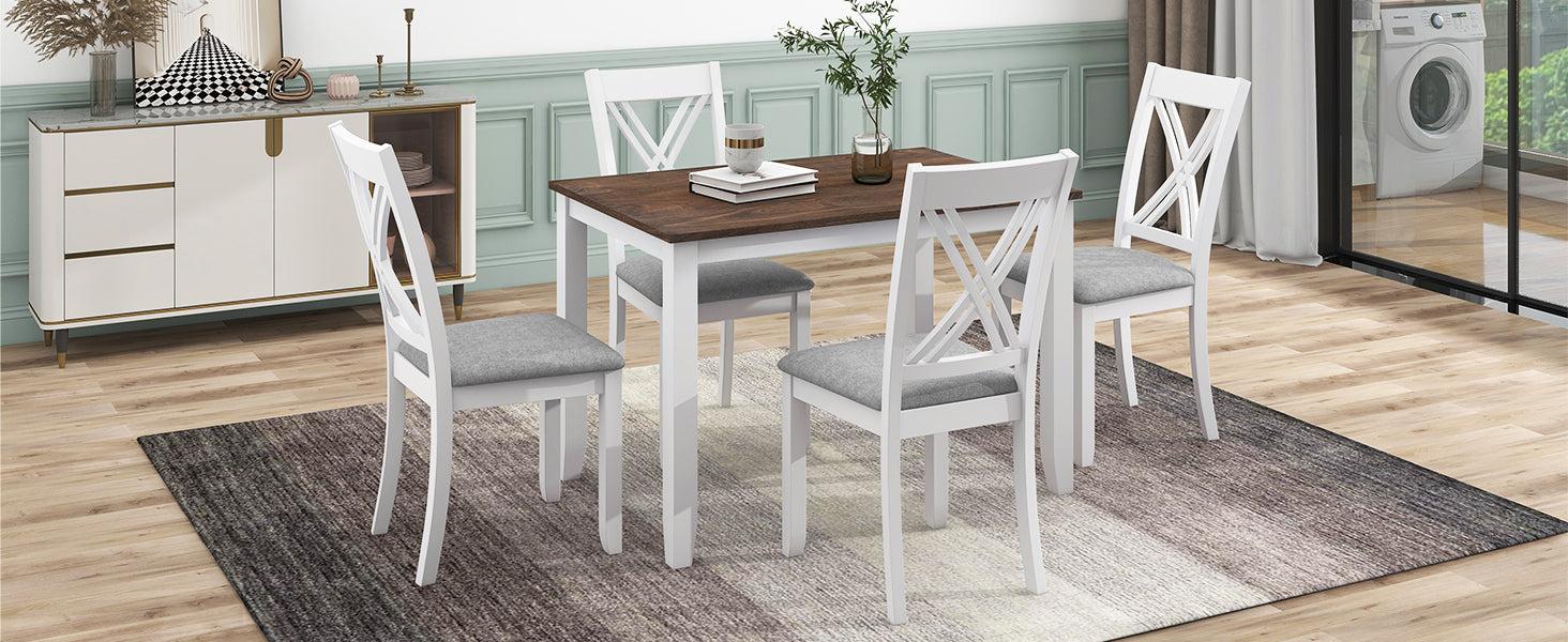 Rustic Minimalist Wood 5-Piece Dining Table Set with 4 X-Back Chairs for Small Places, White