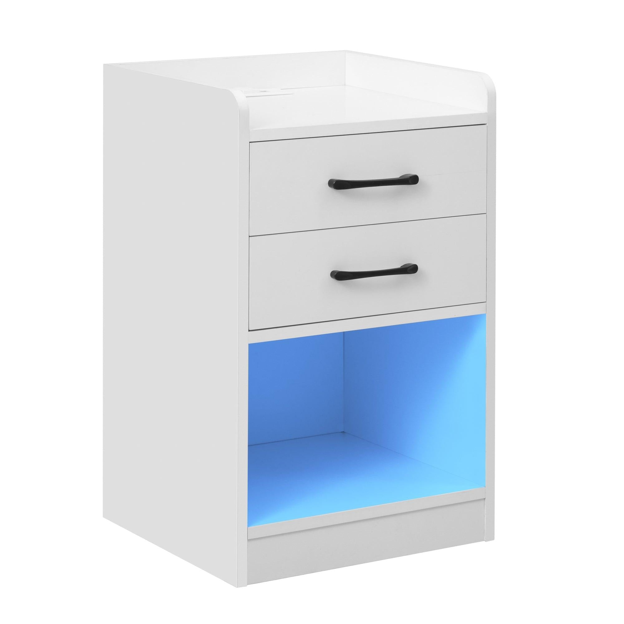 Nightstand with 2 Drawers and Cabinet,USB Charging Ports,Wireless Charging and Remote Control LED Light-White