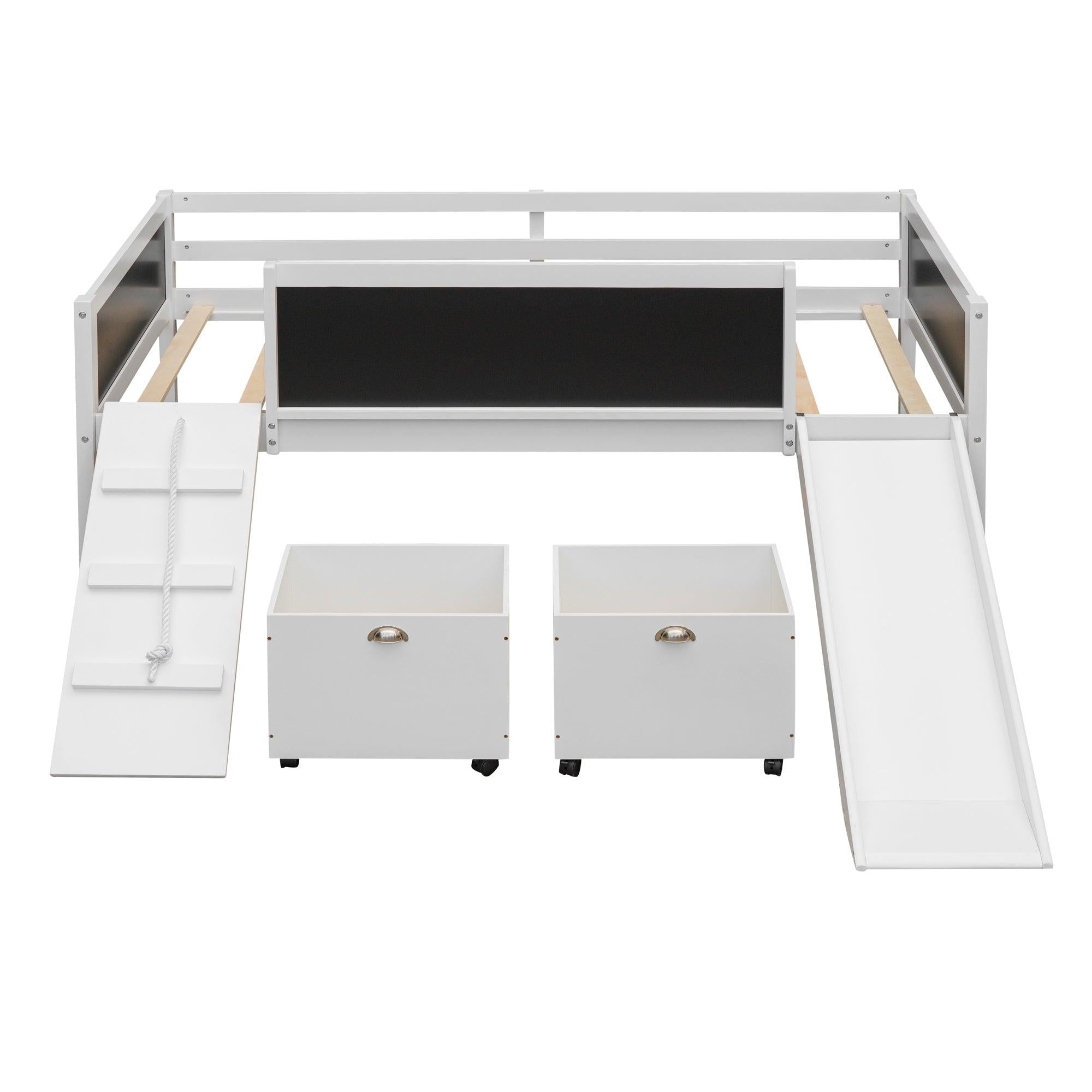 Twin size Loft Bed Wood Bed with TwoStorage Boxes - White