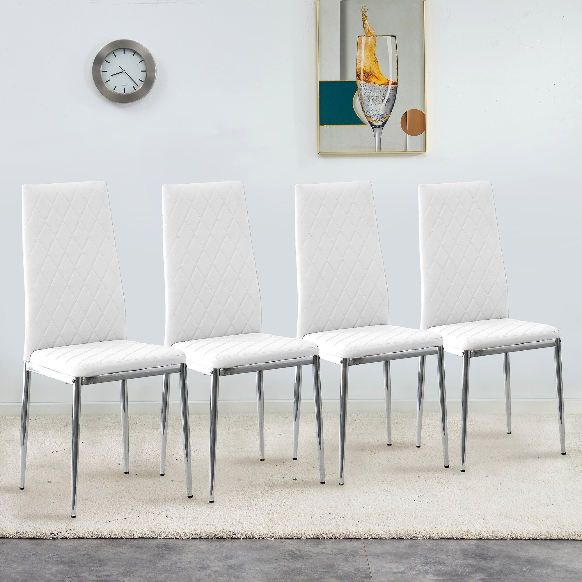 Grid Shaped Armless High Back Dining Chair, 4-piece set, Office Chair. Applicable to DiningRoom, Living Room, Kitchen and Office.White Chair and Electroplated Metal Leg image