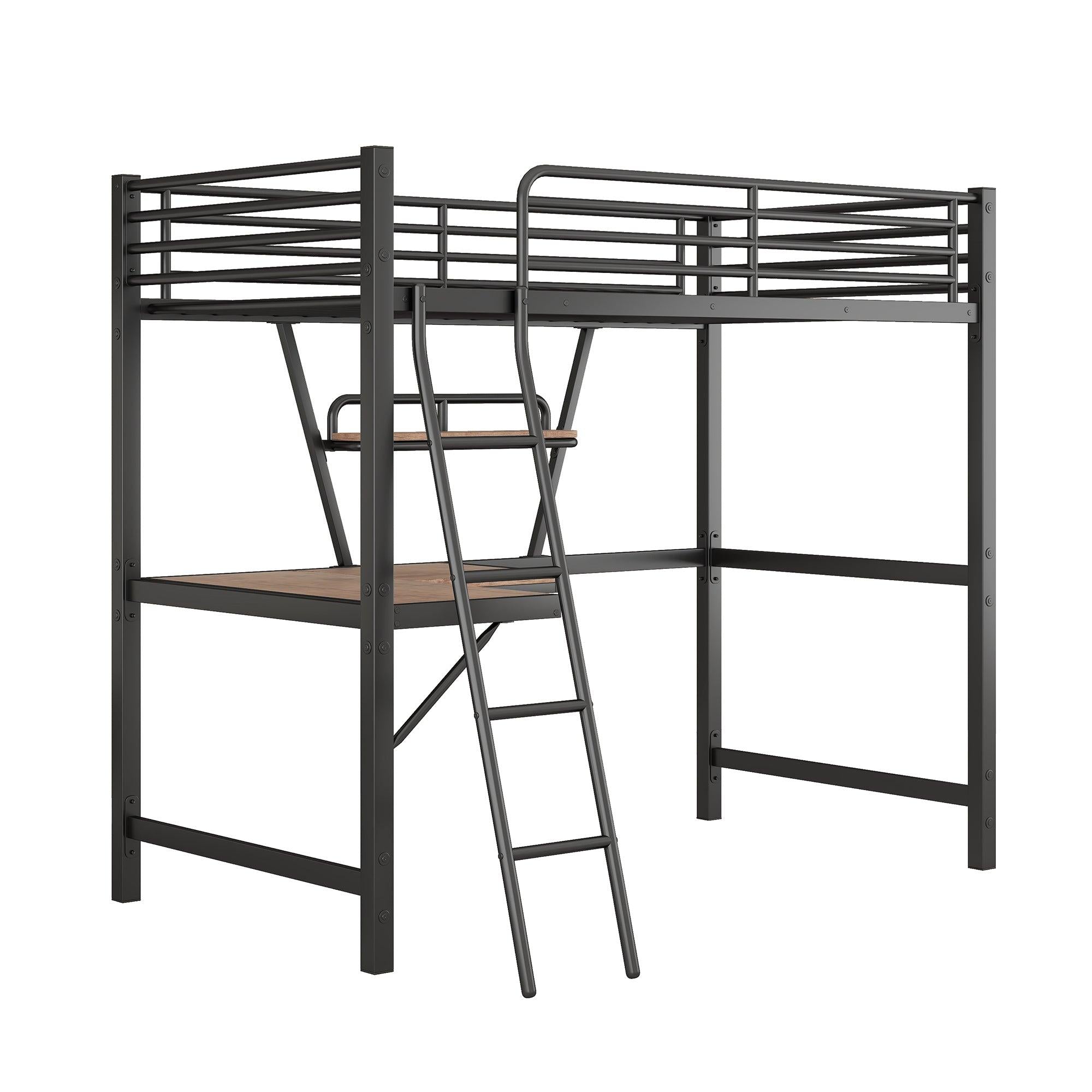 Twin Size Loft Metal&MDF Bed with Desk and Shelf, Black