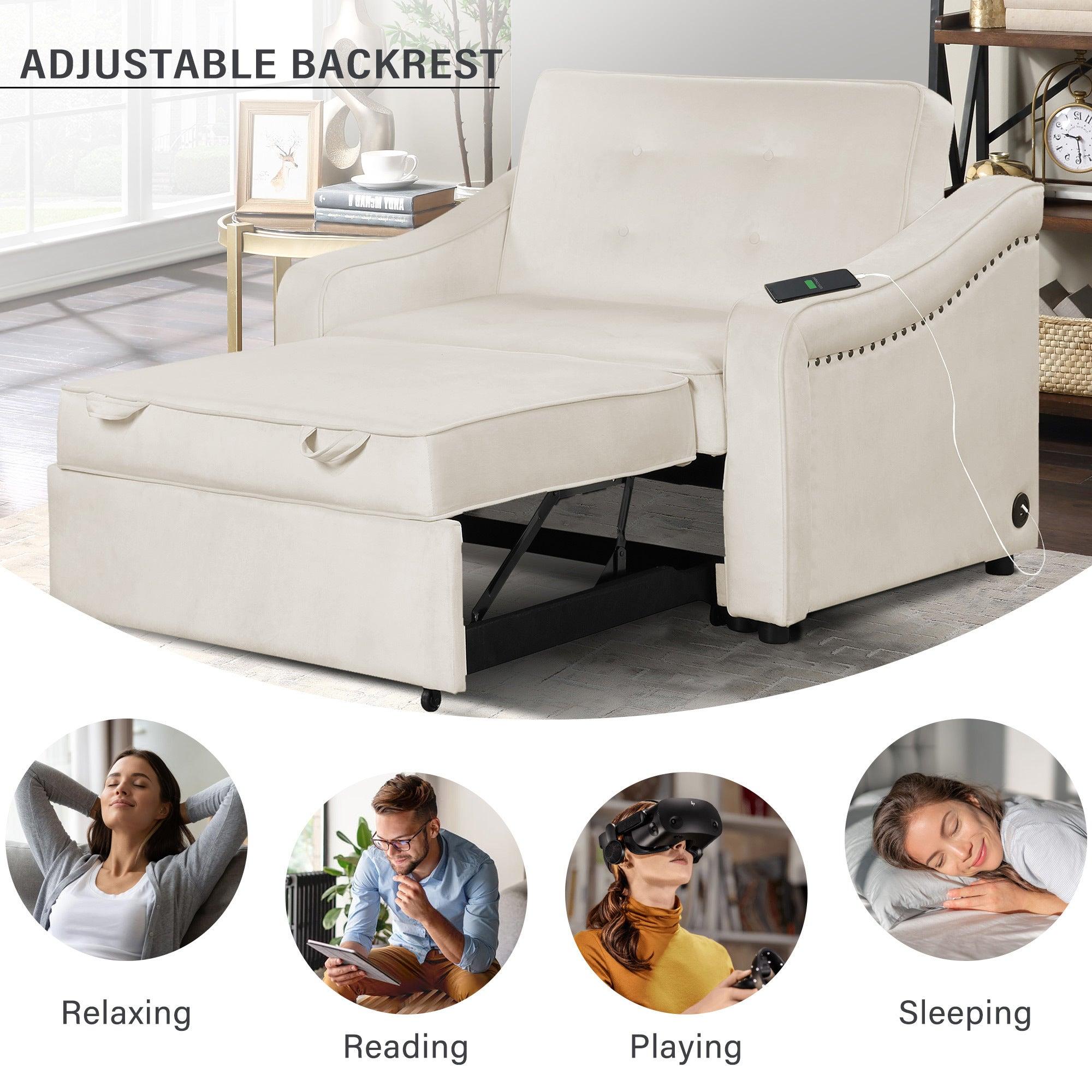 50.6" Convertible Sleeper Bed, Adjustable Sofa Couch with Dual USB Ports for Living Room Space,Cream White