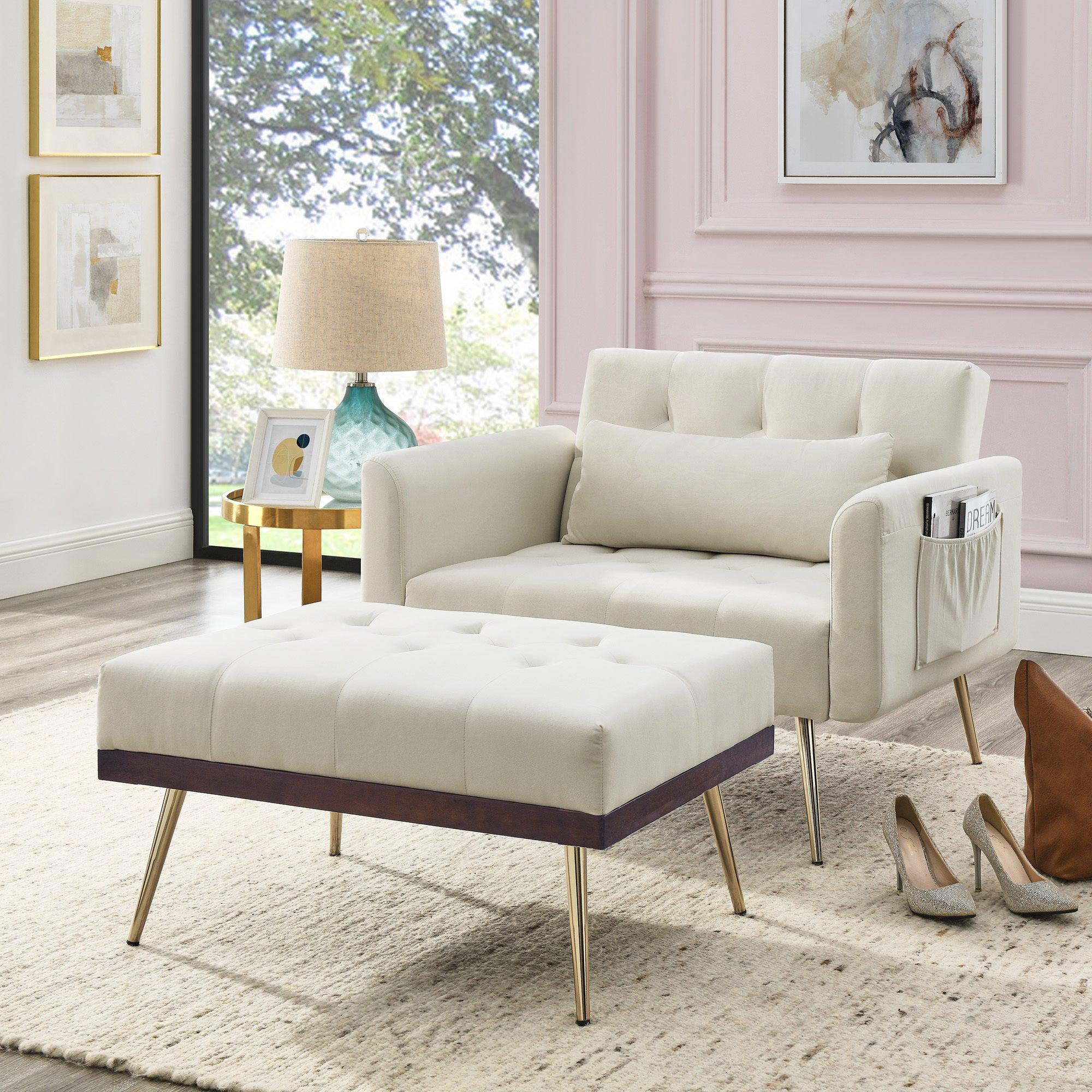 Recline Sofa Chair with Ottoman, Two Arm Pocket and Wood Frame include 1 Pillow, Beige (40.5”x33”x32”) image