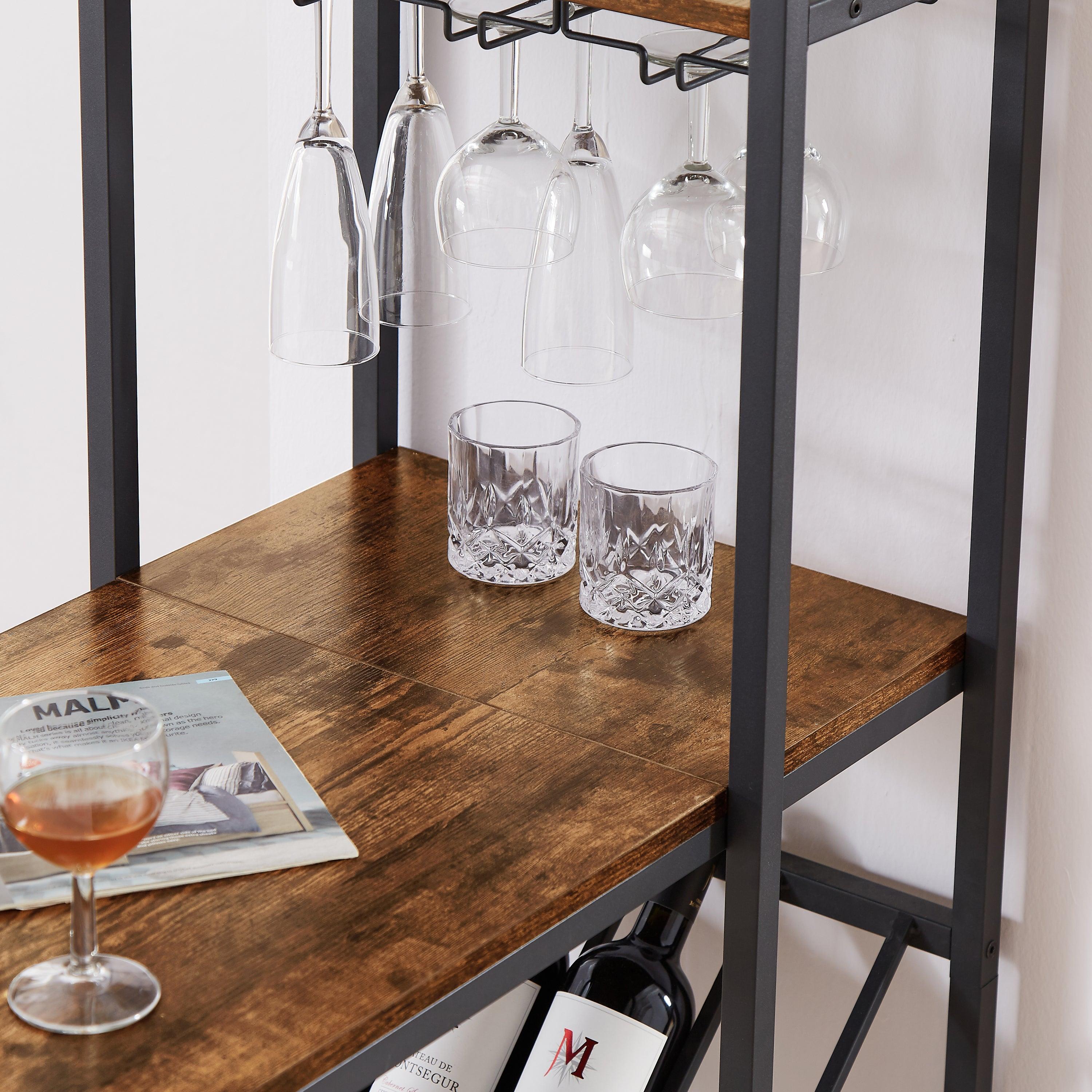 Bar table with bottle holder and glass holder, multifunctional high bar table, can hold 8 bottles of wine and 9 glasses, with sideStorage.(Rustic Brown,53.3’’w x 15.75’’d x 36.4’’h)