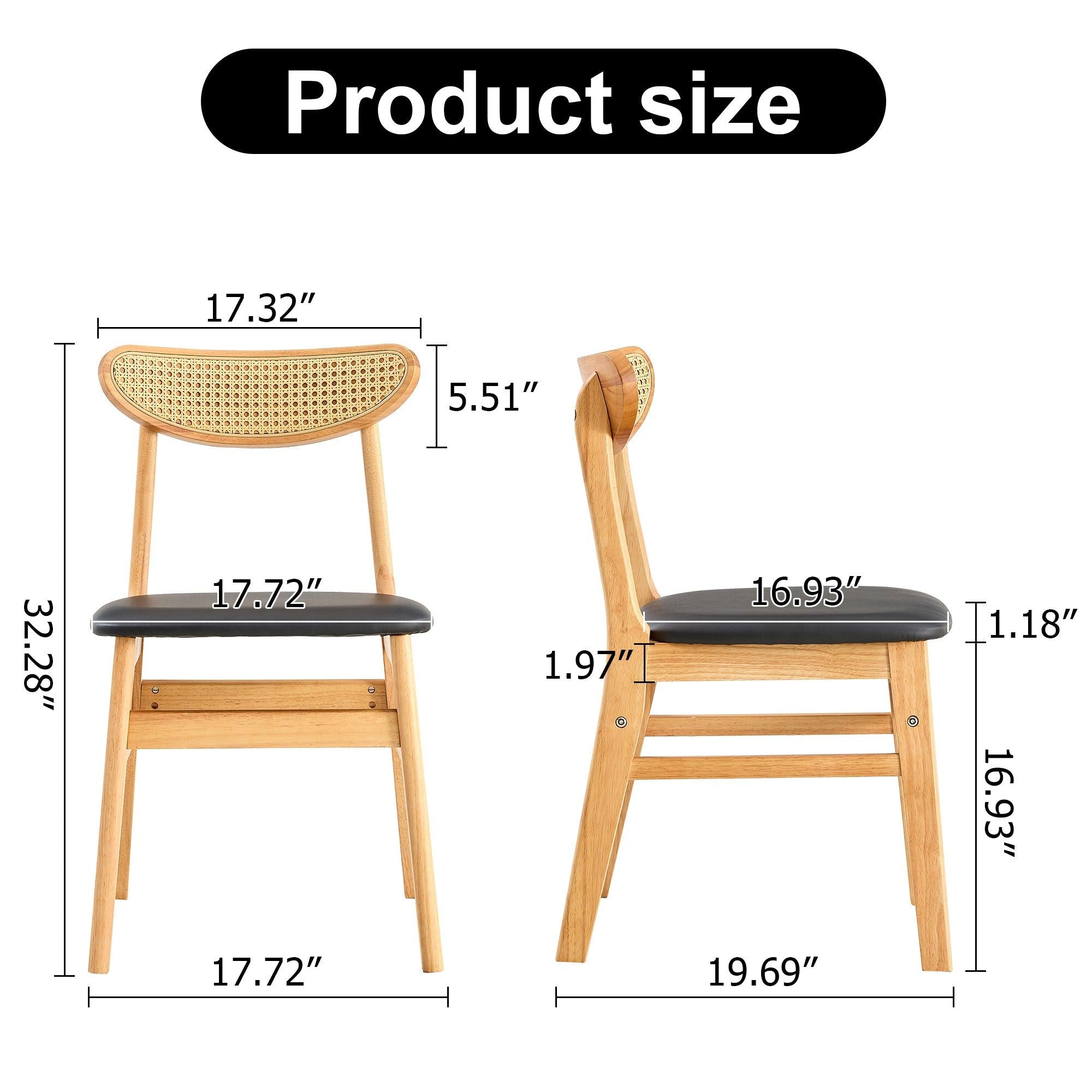 Solid Wood Dining Chair Stylish and Durable Small with Curved Backrest, PU+Foam Cushion, and Plastic Rattan Surface - Perfect for Any Room Décor and Daily Use (Set of 4)