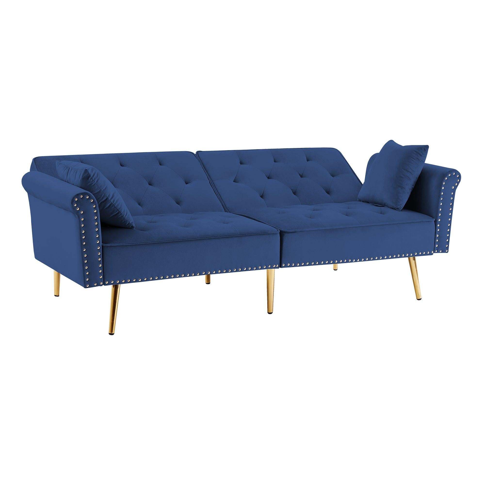 Modern Velvet Tufted Sofa Couch with 2 Pillows and Nailhead Trim, Loveseat Sofa Futon Sofa Bed with Metal Legs  for Living Room.