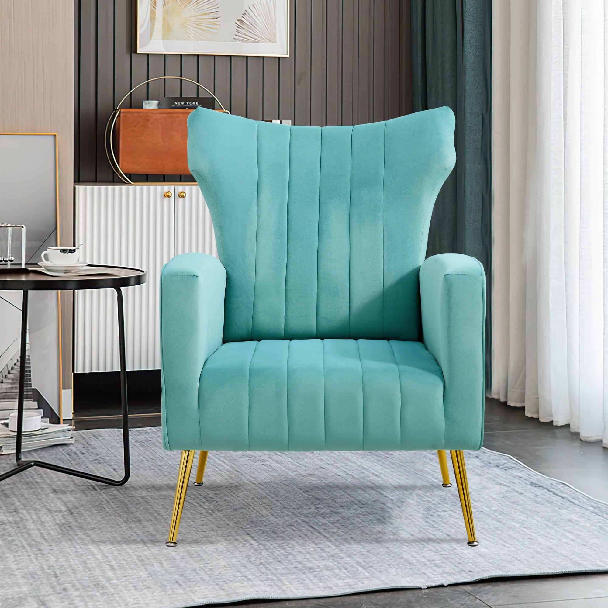 Modern Velvet Accent Chair with Arms, Wingback Reading Chair with Gold Metal Legs, Comfy Upholstered Single Leisure Sofa for Living Room Bedroom Club(Velvet+Blue)