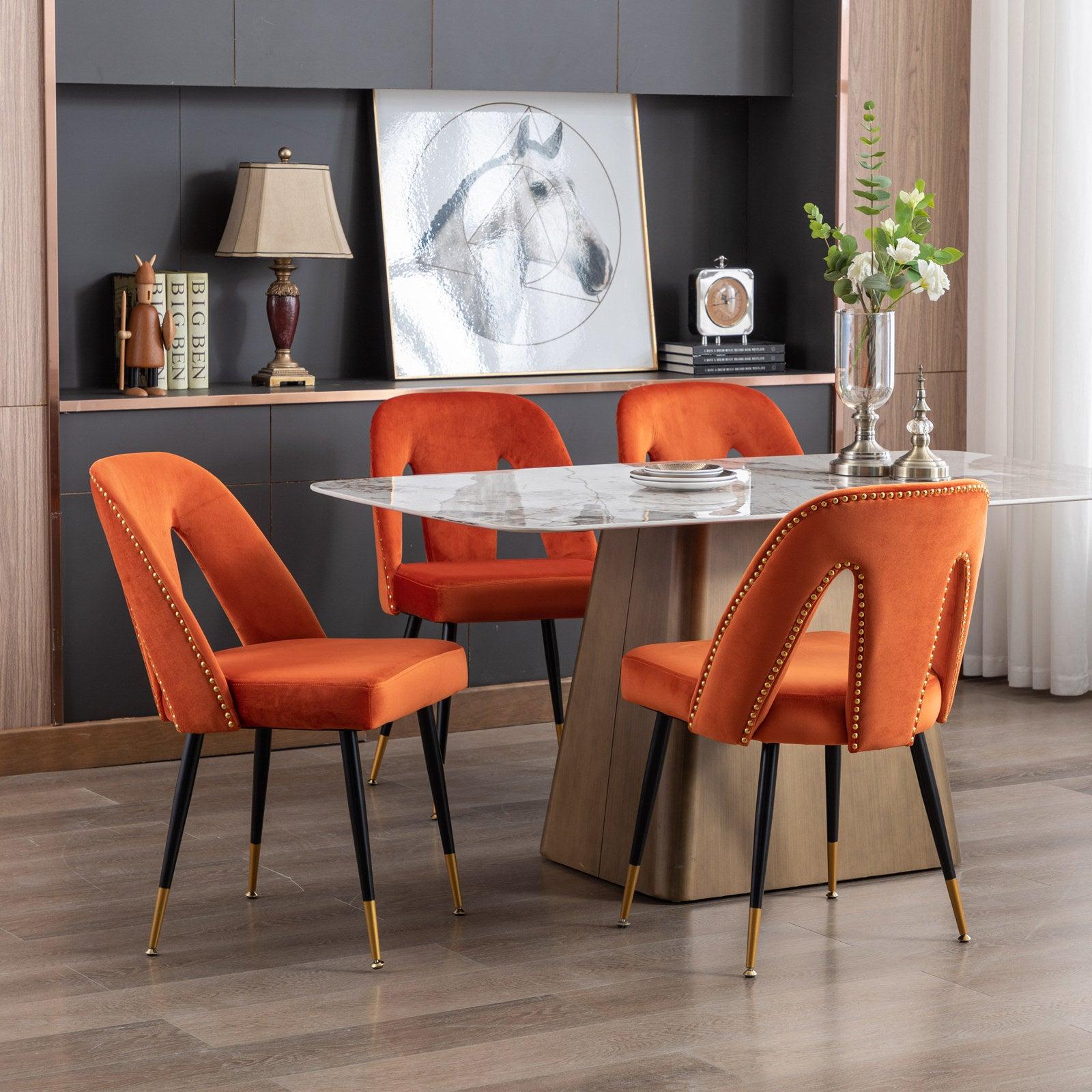 Akoya CollectionModern | Contemporary Velvet Upholstered Dining Chair with Nailheads and Gold Tipped Black Metal Legs, Orange，Set of 2