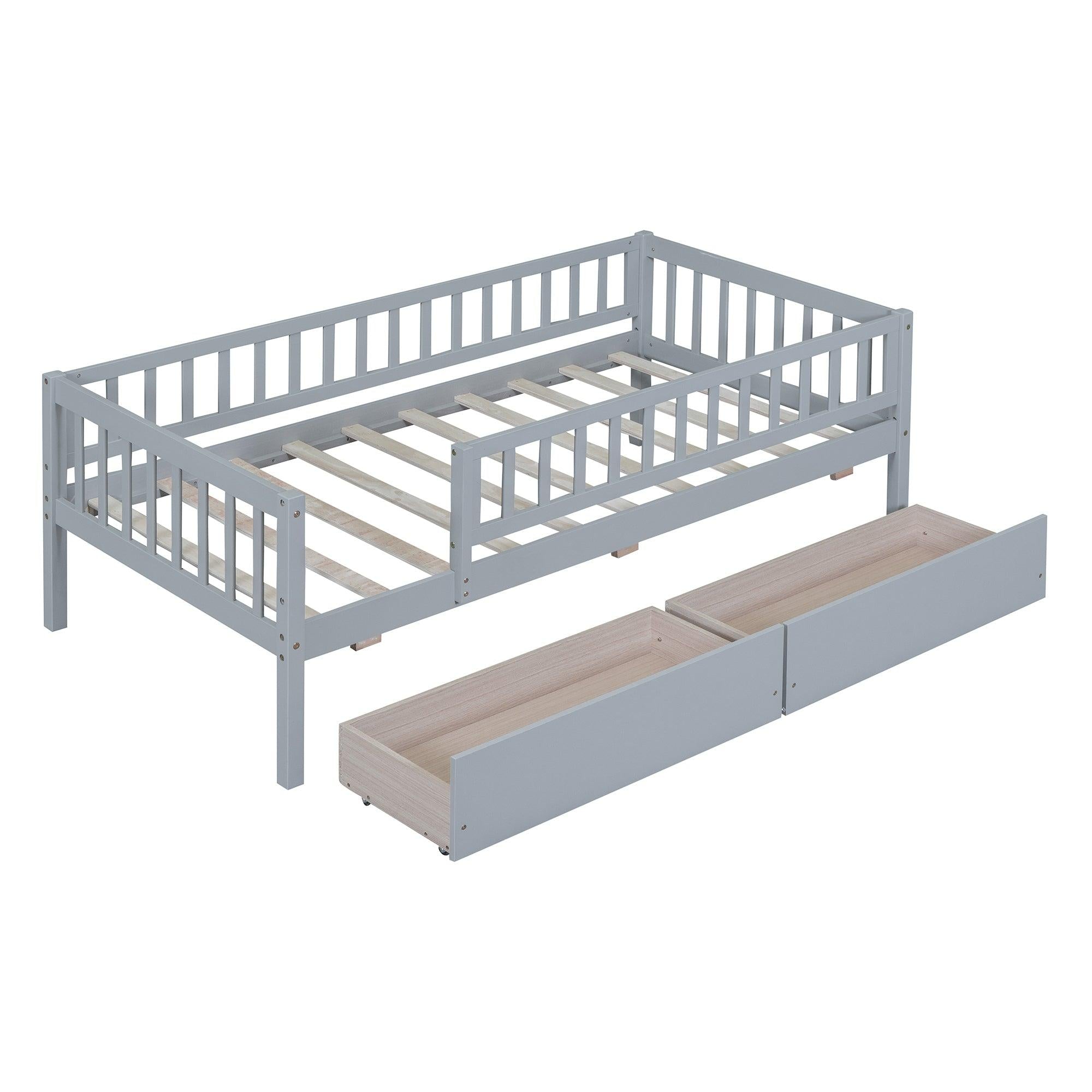 Twin Size Daybed Wood Bed with Two Drawers, Gray