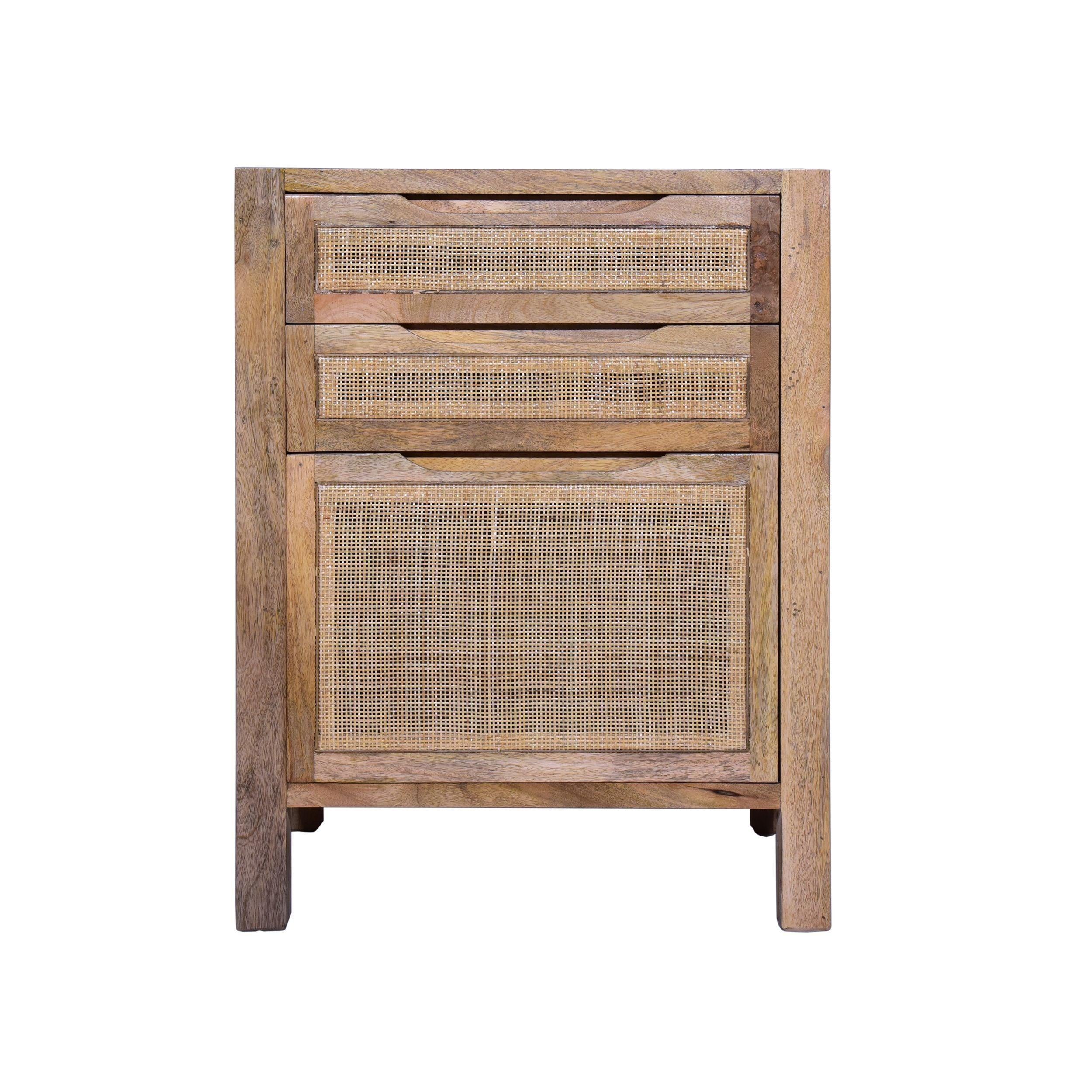 Ryan 31 Inch Cottage ManWoodStorage Cabinet Table, Cane Rattan Panels, 3 Drawers, Natural Brown image