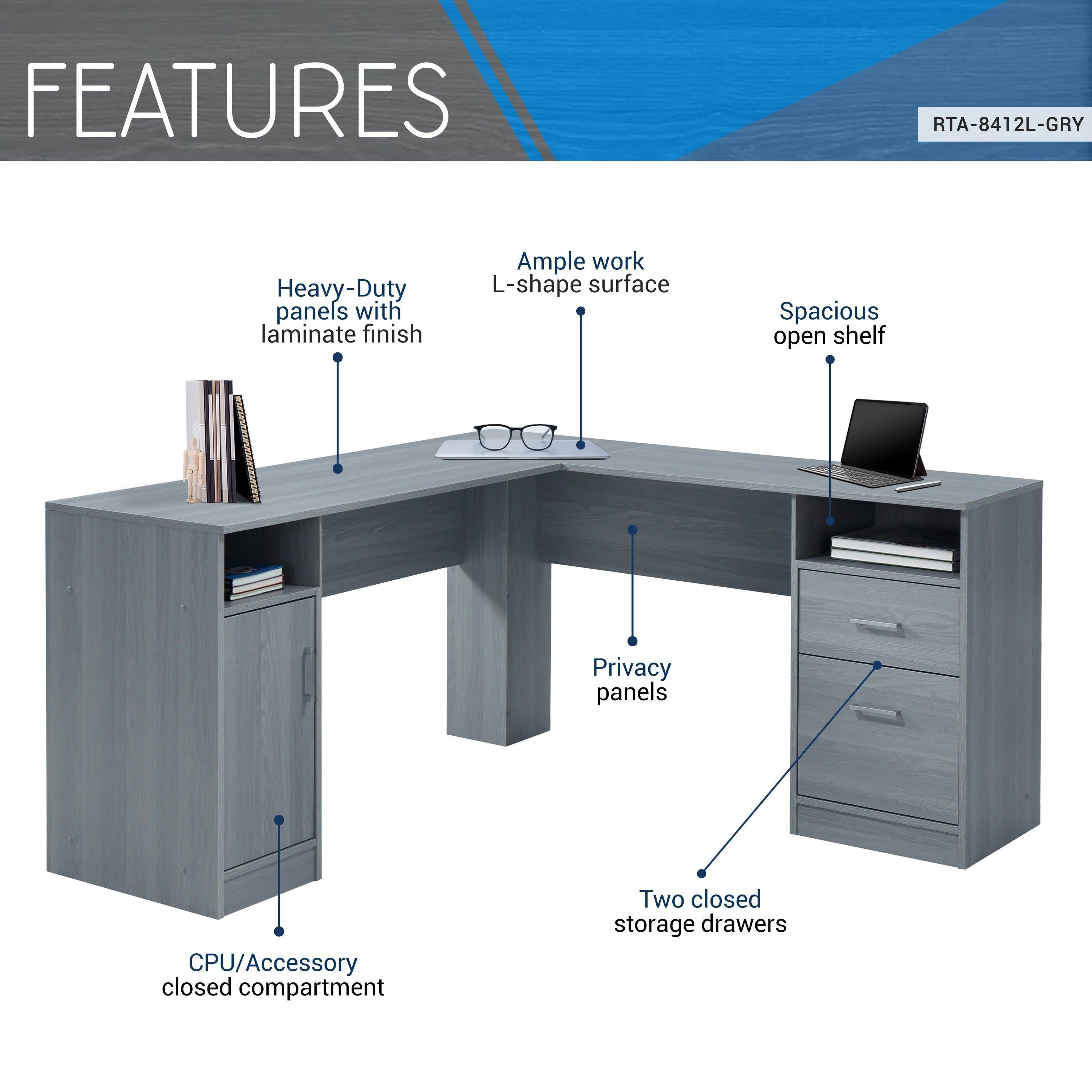 Techni Mobili Functional L-Shape Desk withStorage, Grey