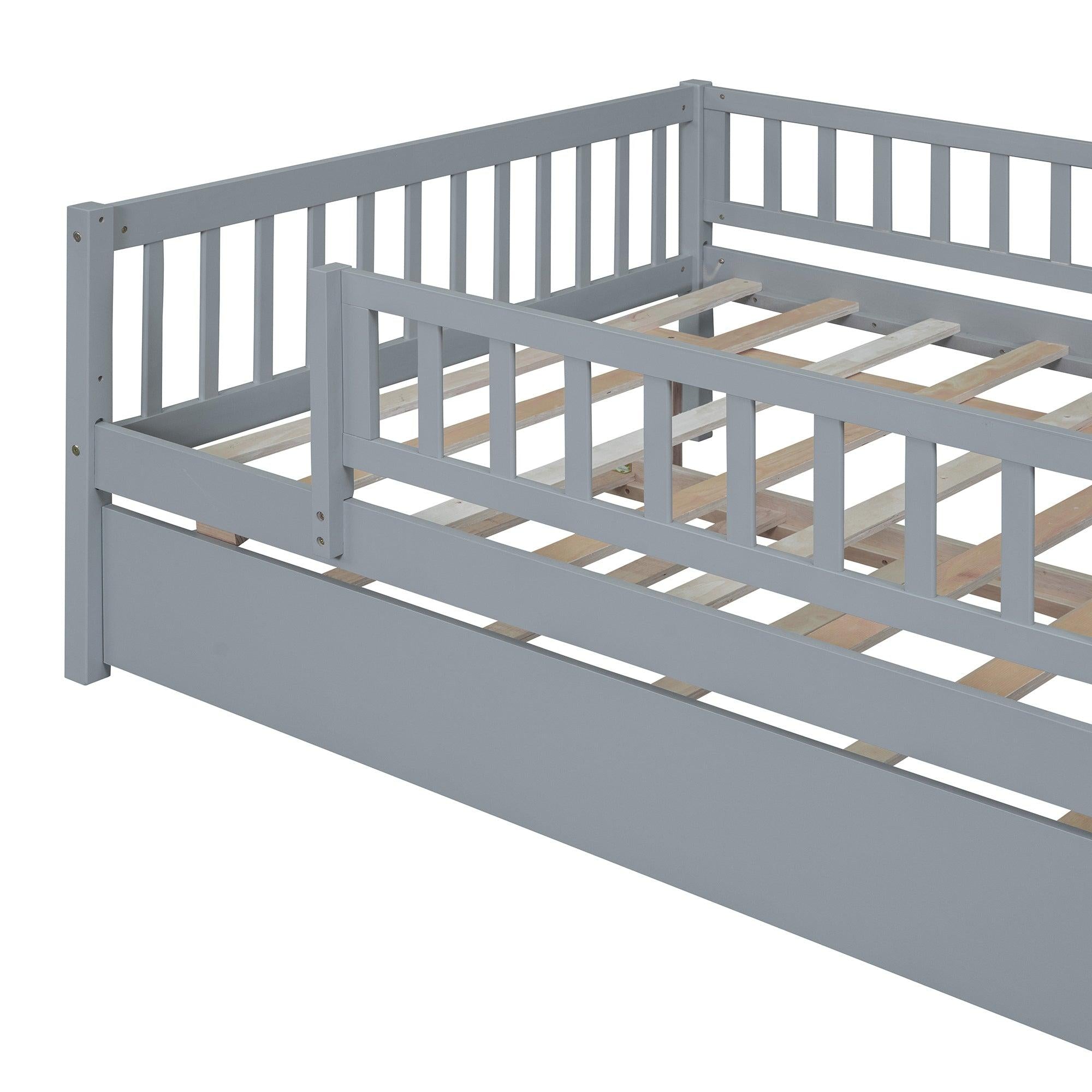 Full Size Wood Daybed with Trundle and Fence Guardrails, Gray